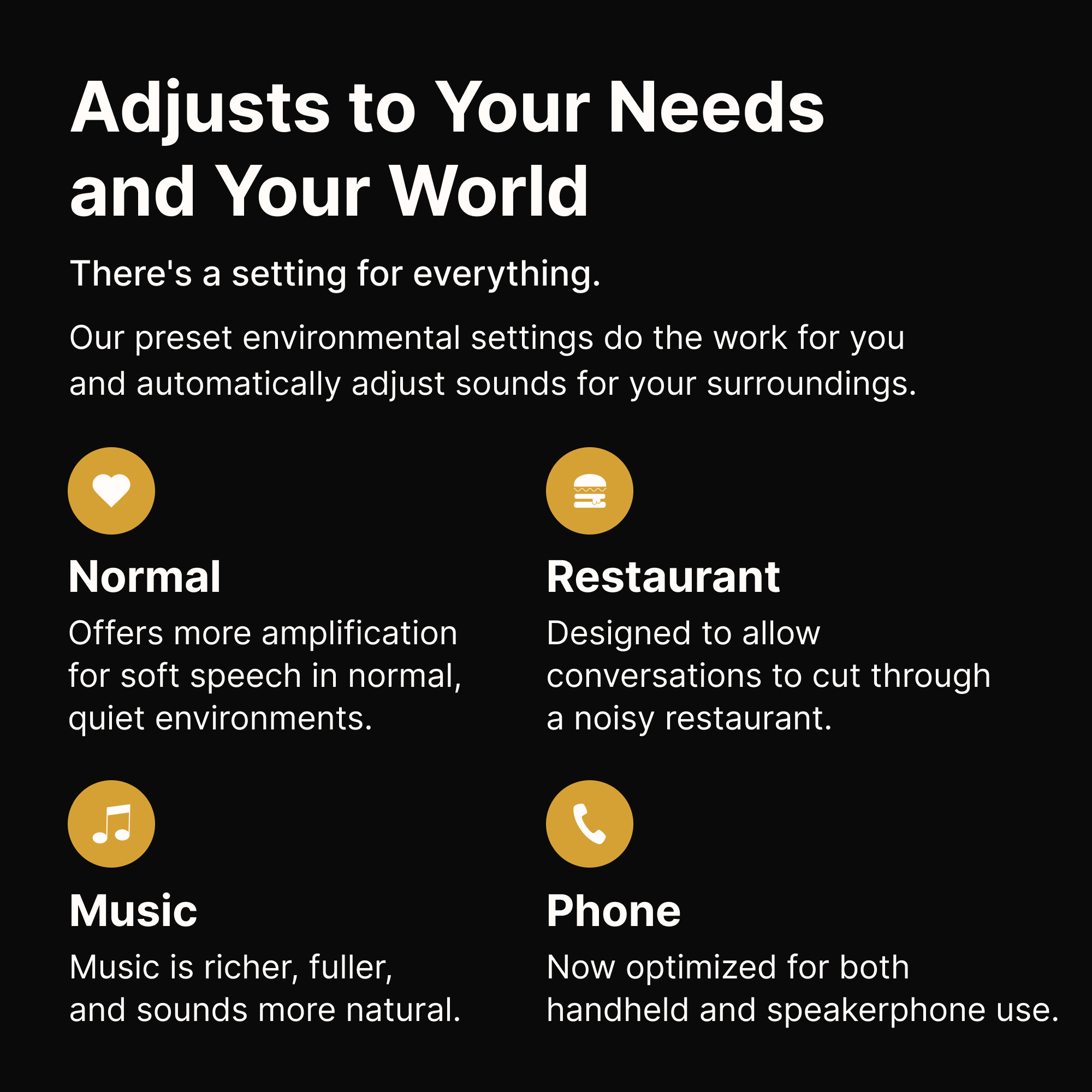 Adjusts to Your Needs and Your World

There's a setting for everything. Our preset environmental settings do the work for you and automatically adjust sounds for your surroundings.

- **Normal**
  Offers more amplification for soft speech in normal, quiet environments.

- **Restaurant**
  Designed to allow conversations to cut through a noisy restaurant.

- **Music**
  Music is richer, fuller, and sounds more natural.

- **Phone**
  Now optimized for both handheld and speakerphone use.