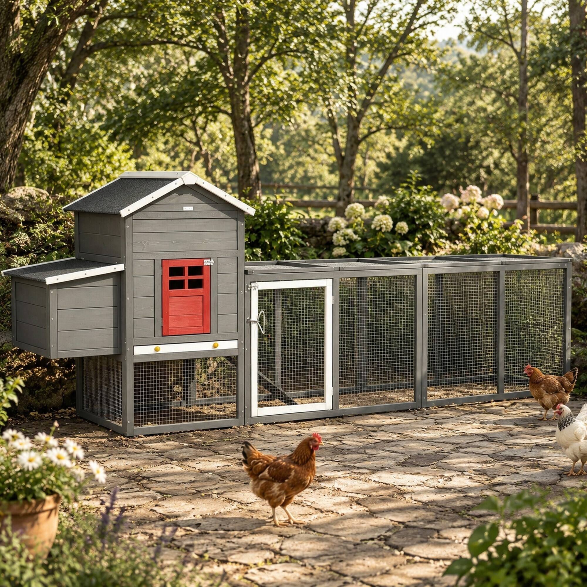 Angle. RYHNUYNE - 118 in Extra Large Wooden Chicken Coop, Fir Wood Hen House, Asphalt Roof, Nesting Box, Slide-Out Tray.