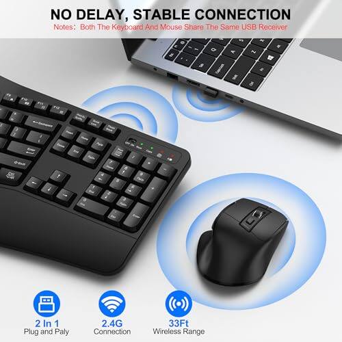 NO DELAY, STABLE CONNECTION  
Notes: Both The Keyboard And Mouse Share The Same USB Receiver  

2 In 1  
Plug and Play  

2.4G Connection  

33Ft Wireless Range