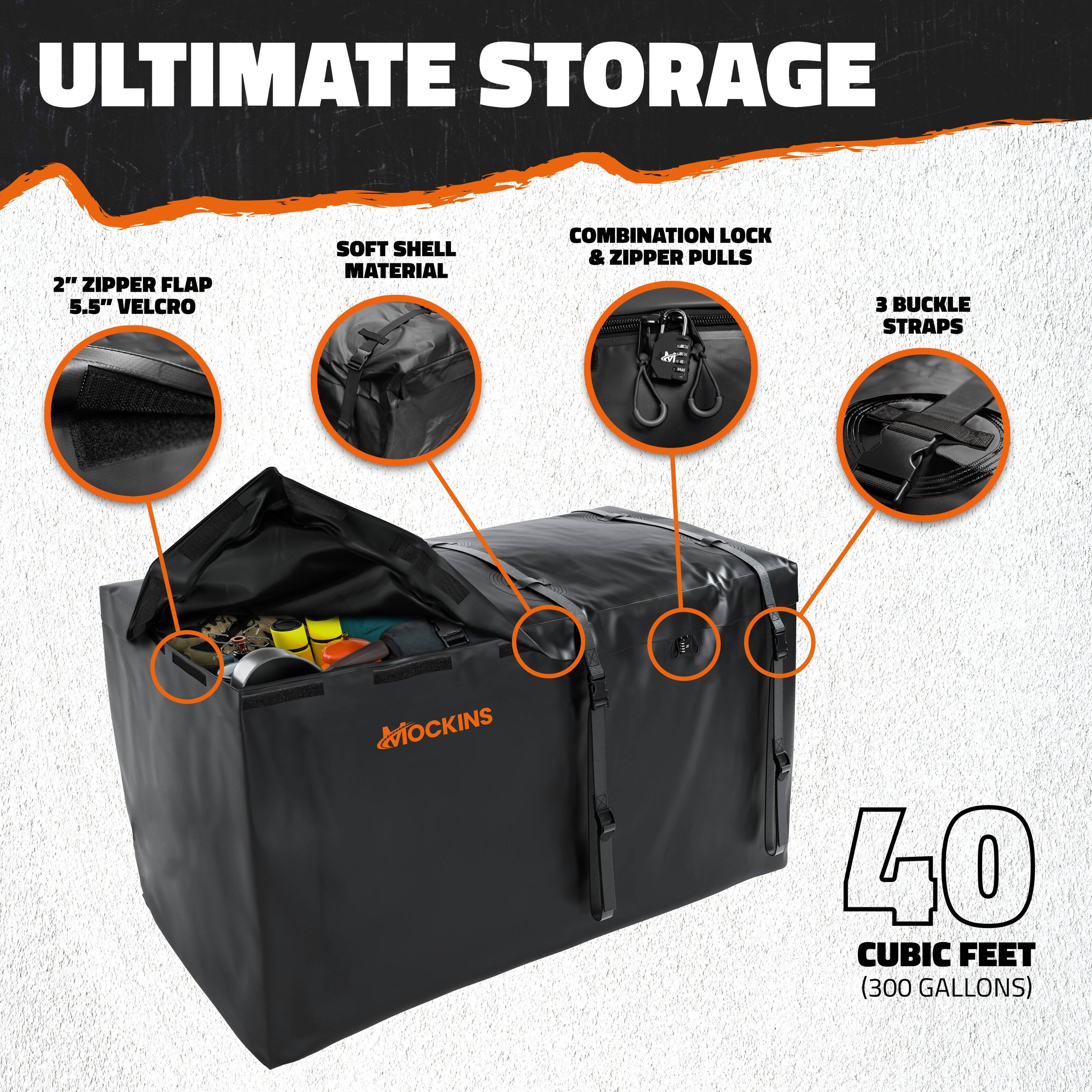 ULTIMATE STORAGE

- 2" ZIPPER FLAP
- 5.5" VELCRO
- SOFT SHELL MATERIAL
- COMBINATION LOCK & ZIPPER PULLS
- 3 BUCKLE STRAPS

40 CUBIC FEET (300 GALLONS)