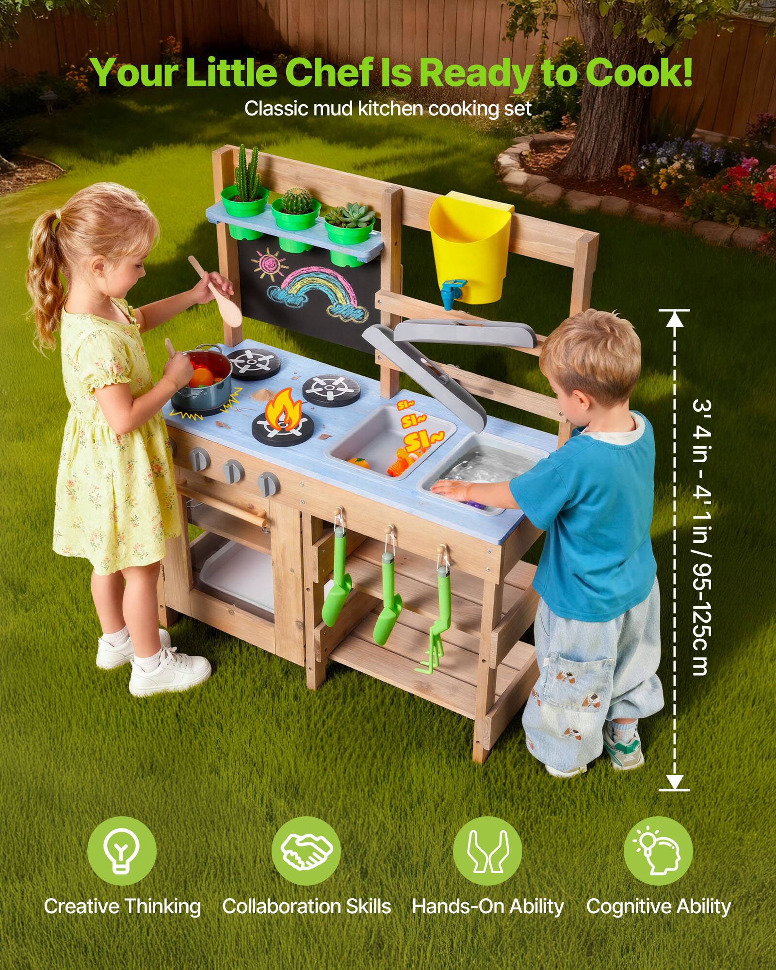 Your Little Chef Is Ready to Cook!  
Classic mud kitchen cooking set  

3'4" - 4'1" / 95-125 cm  

Creative Thinking  
Collaboration Skills  
Hands-On Ability  
Cognitive Ability