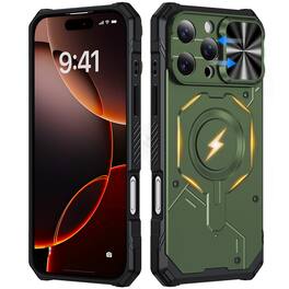 Dteck - Shockproof Magnetic Hybrid Protective Case for Apple iPhone 16 Pro with Slide Camera Cover, Side Anti-Slip Texture - Armygreen
