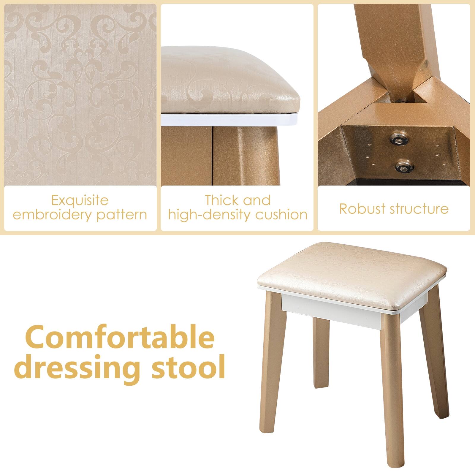 Exquisite embroidery pattern, Thick and high-density cushion, Robust structure, Comfortable dressing stool