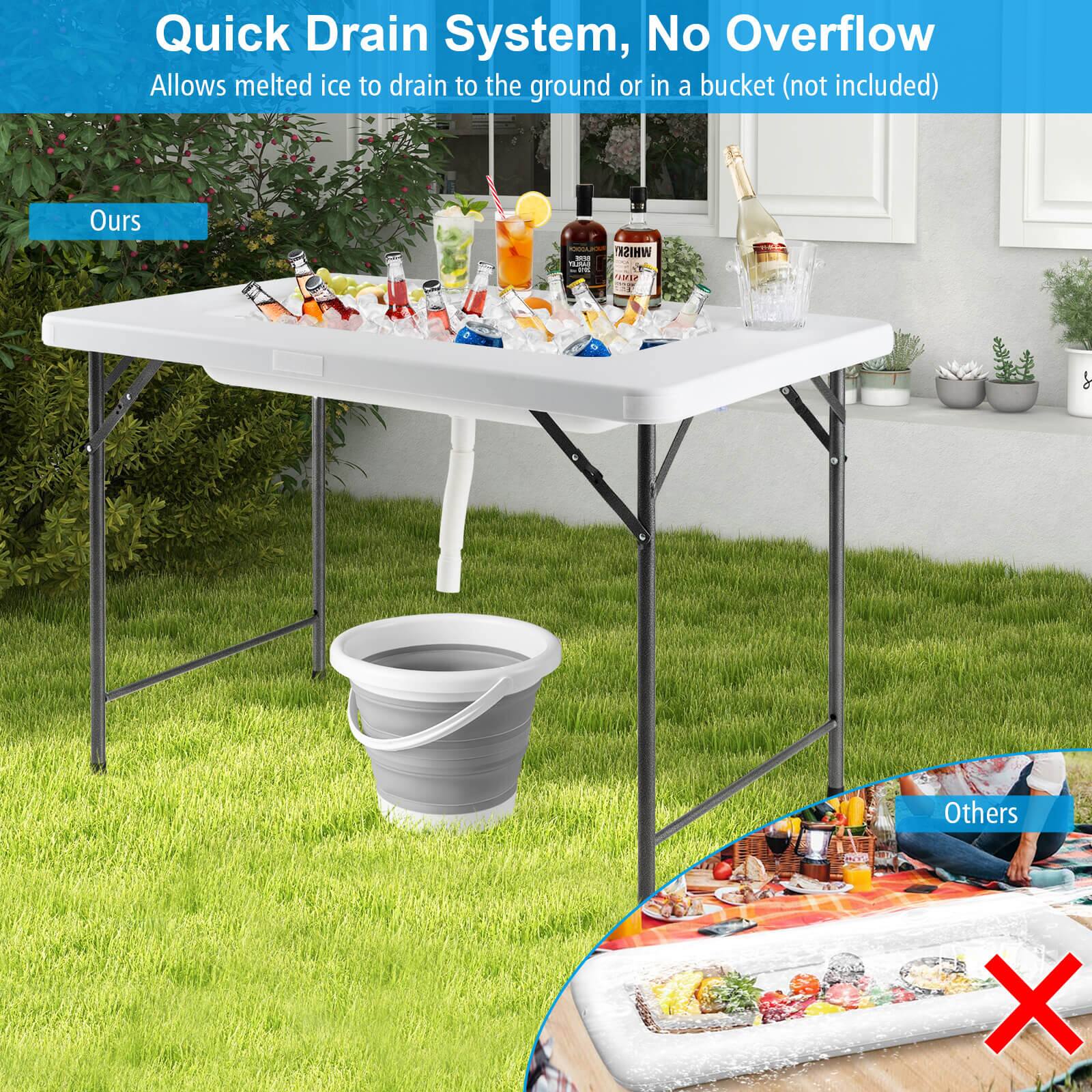 Quick Drain System, No Overflow  
Allows melted ice to drain to the ground or in a bucket (not included)  

Ours  
Others X