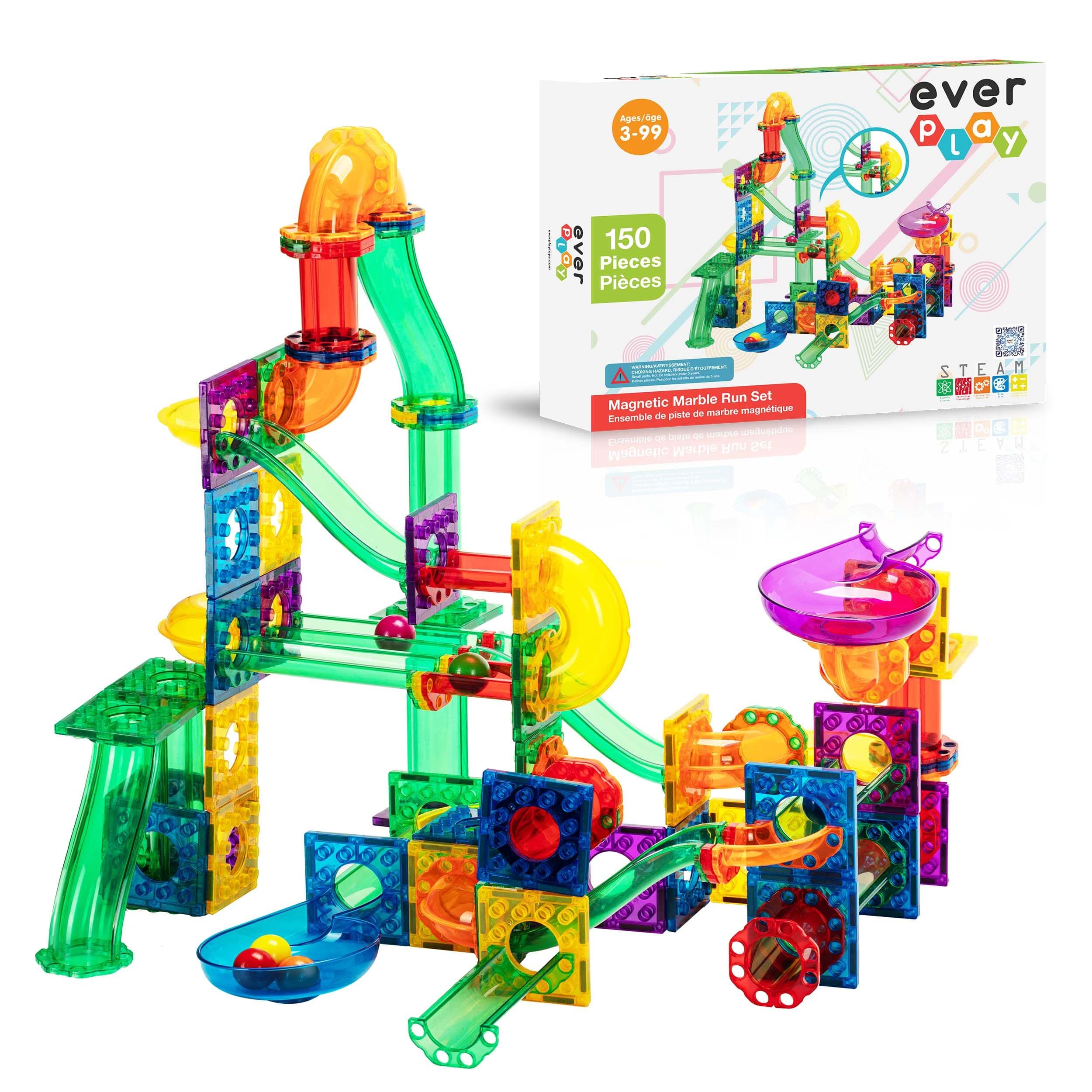 Everplay - Everyplay Marble Run Magnetic Tiles for Kids, 150PCS, Construction Magnet Tiles Race Track Building Blocks STEM Toy - Multicolor