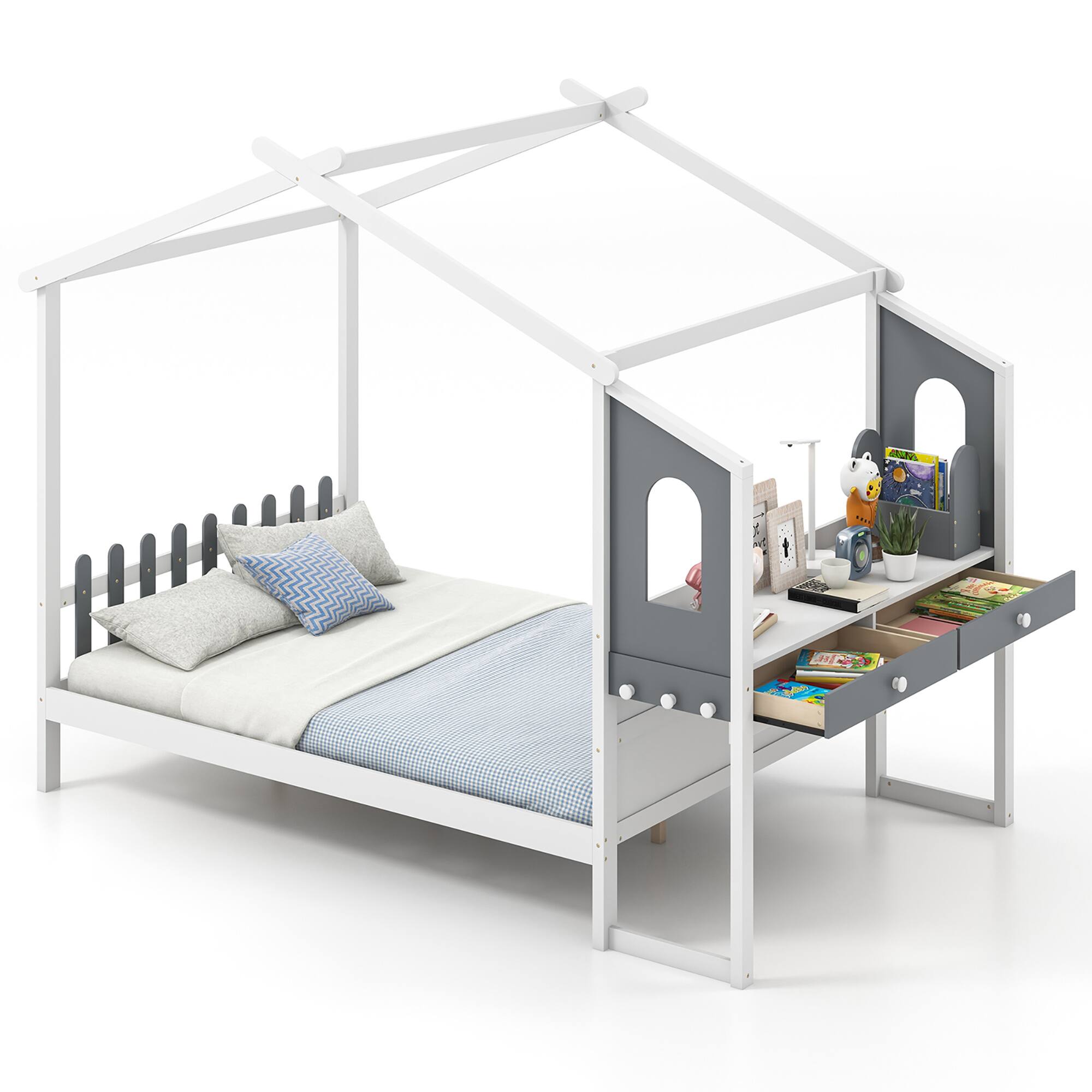 Alt View 8. Gymax - Gymax Full Size Kids House Bed w/ Study Desk & Removable Box Drawers Hanging Hooks - White, Gray.