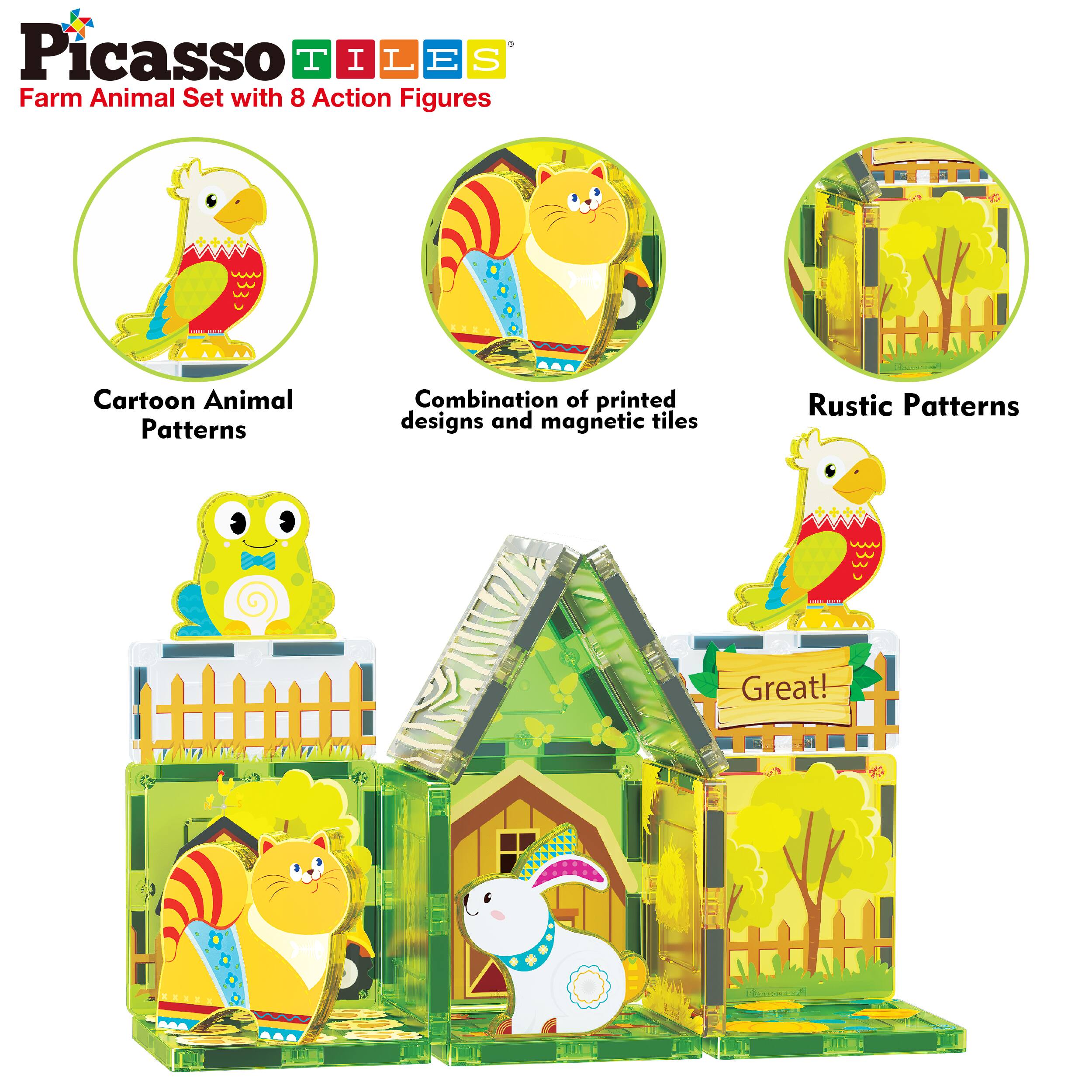 Picasso Tiles  
Farm Animal Set with 8 Action Figures

- Cartoon Animal Patterns
- Combination of printed designs and magnetic tiles
- Rustic Patterns

Great!