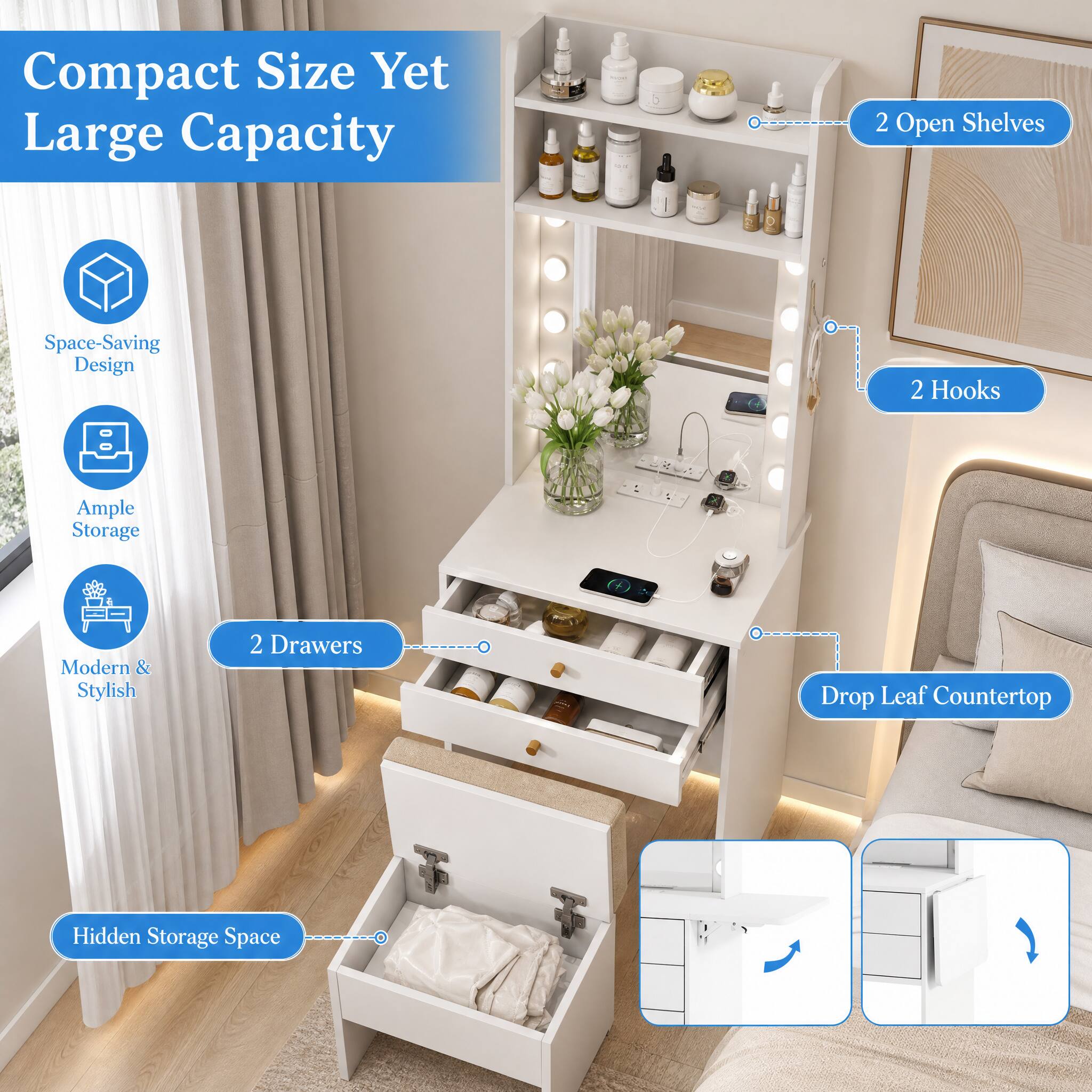 Compact Size Yet Large Capacity

- Space-Saving Design
- Ample Storage
- Modern & Stylish
- 2 Open Shelves
- 2 Hooks
- 2 Drawers
- Drop Leaf Countertop
- Hidden Storage Space