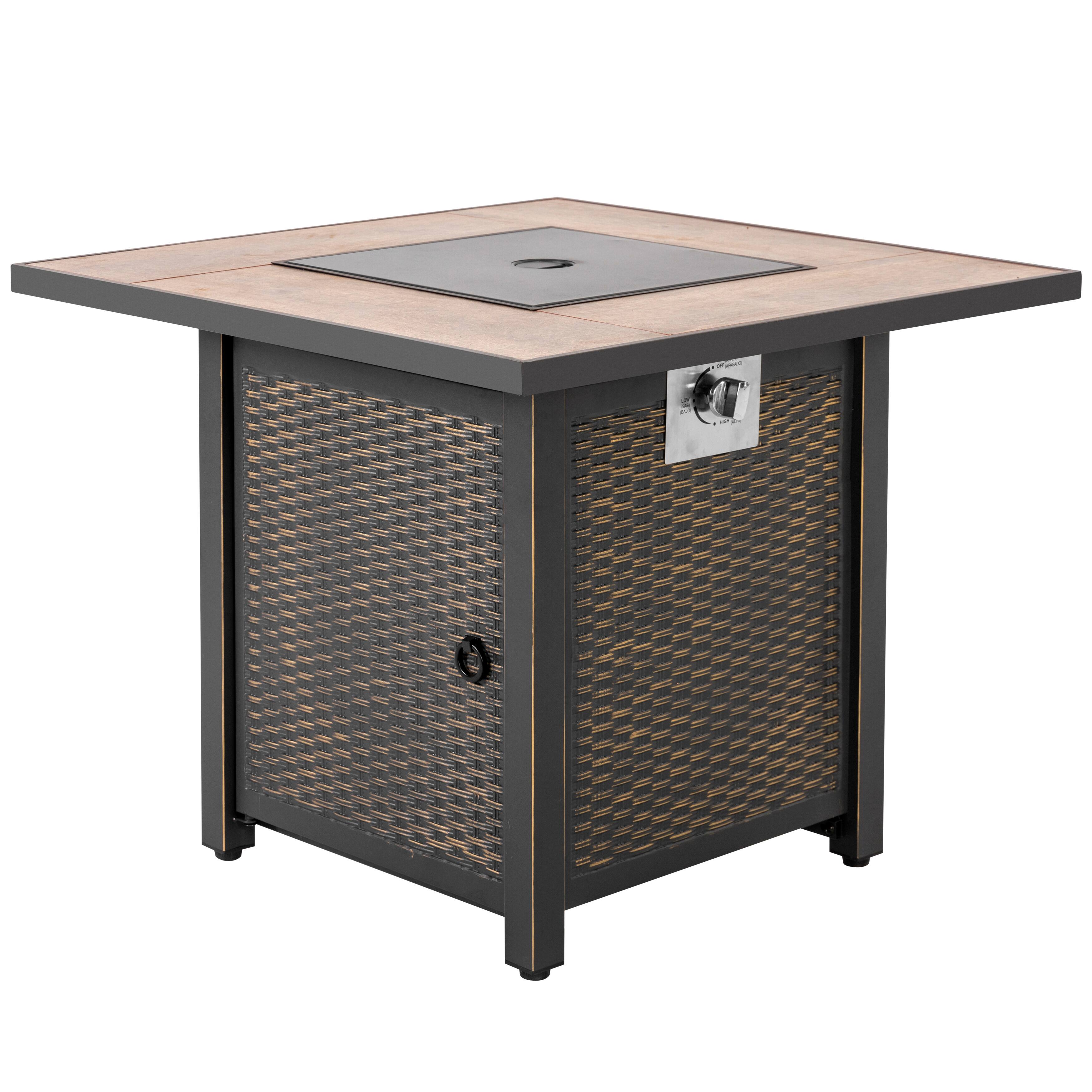 Alt View 6. Nuu Garden - 30'' Outdoor Metal Square Propane Gas Fire Pit Table with Lid and Lava Rocks - Black with gold-painted edge, Brown.