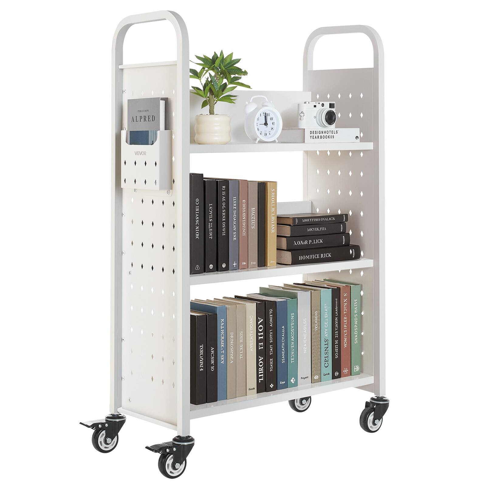 VEVOR - Rolling Library Book Cart,330 lbs Capacity, 30.3x15x48.0 in Library Cart,Single Sided L-Shaped with 3-in Lockable Wheels - White