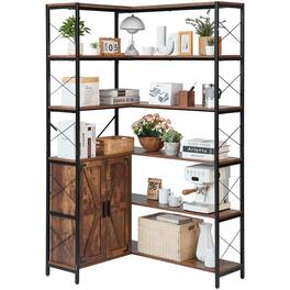 VEVOR - 6 Tier 70" Tall Corner Bookshelf, with Storage Cabinet, 2 Barn Doors & 10 Storage Shelves, Reversible L Shaped Bookshelf - Brown