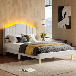 Pinmoco - Upholstered Platform Bed Frame with Adjustable LED Arc Headboard - Fabric Beige