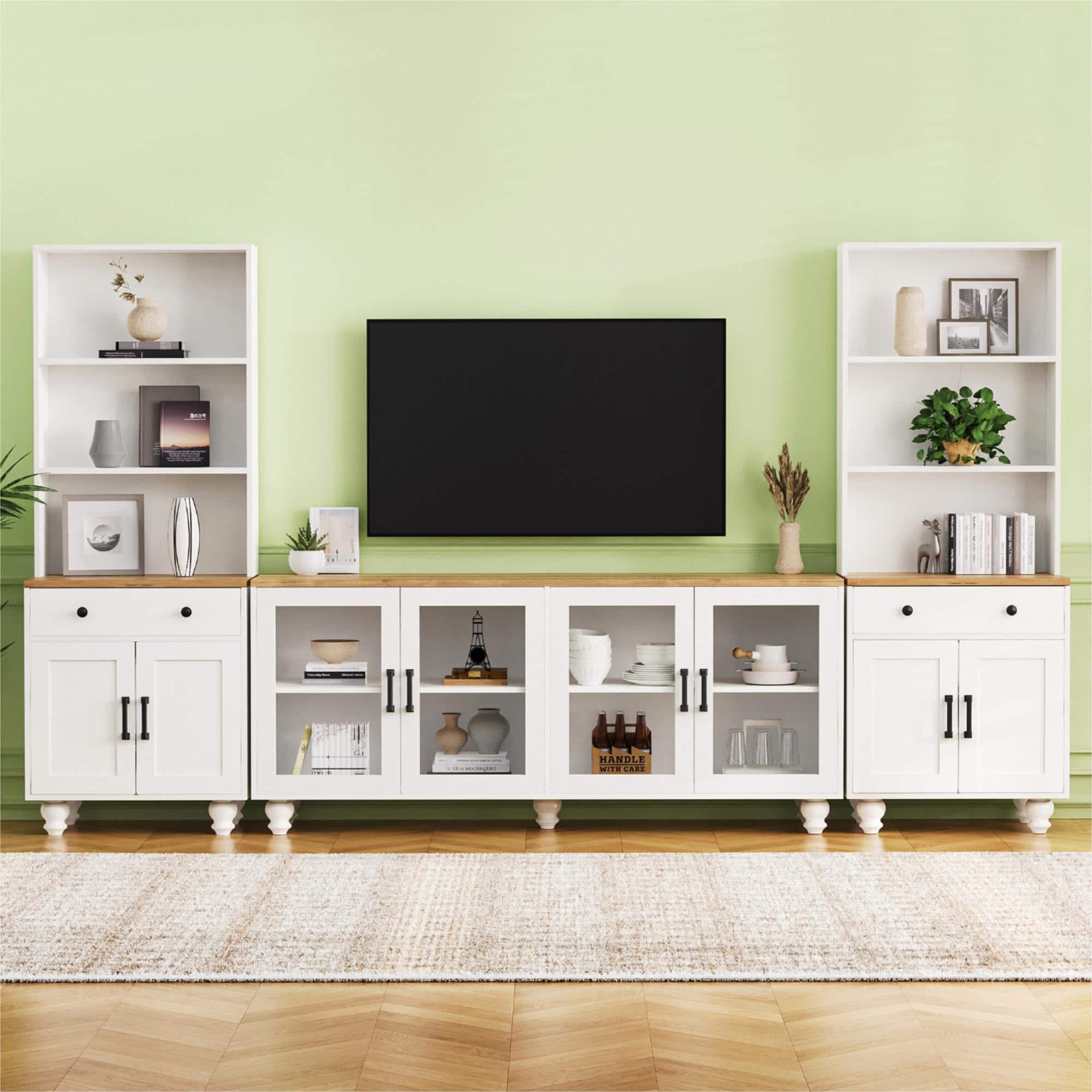 CheryLife - 62.9 in. Farmhouse TV Stand with Bookshelves and Tempered Glass Doors for TVs Up to 70" - White