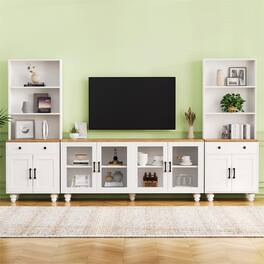 CheryLife - 62.9 in. Farmhouse TV Stand with Bookshelves and Tempered Glass Doors for TVs Up to 70" - White