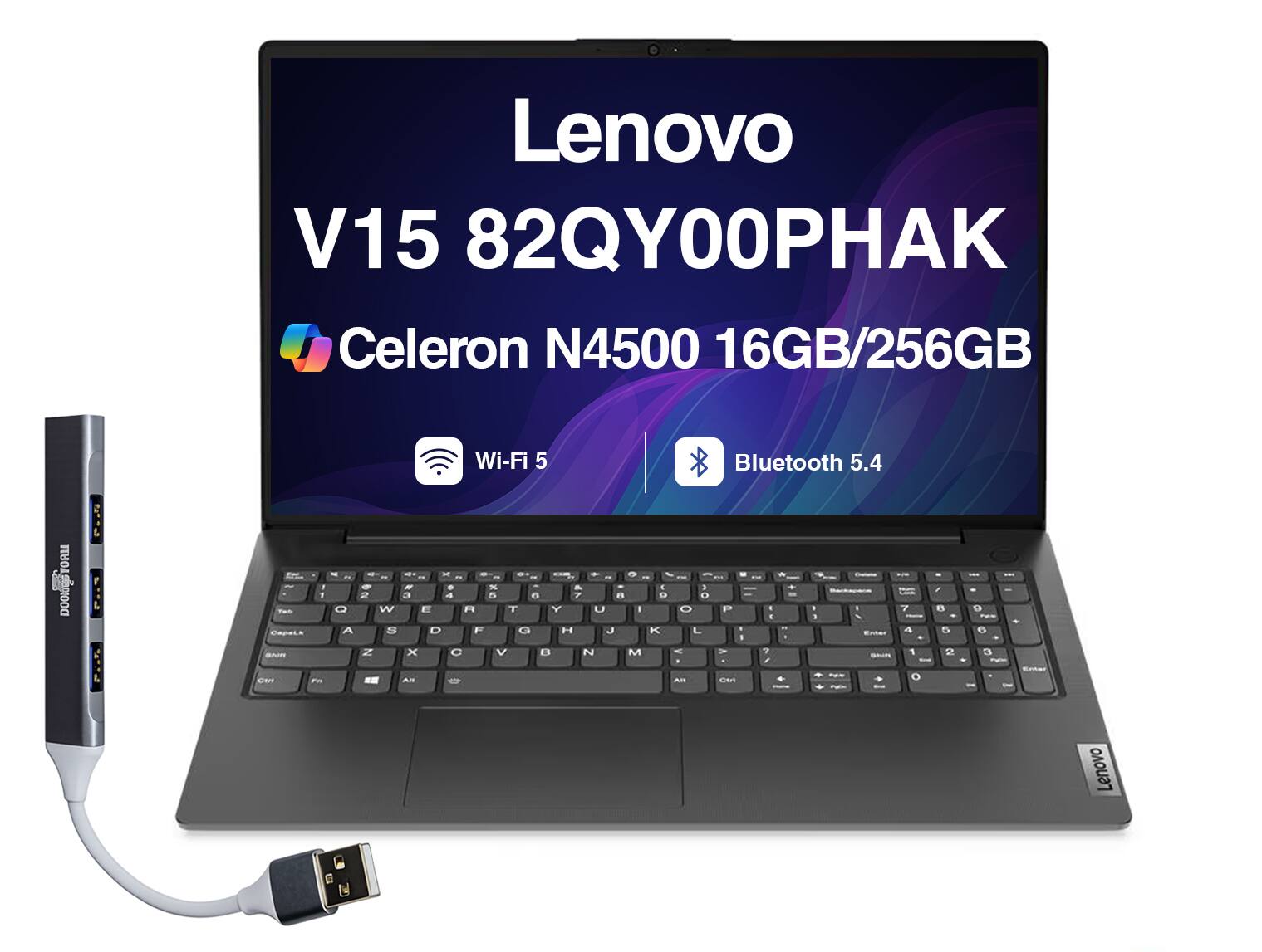 Lenovo - Upgraded - V15 Laptop 15.6 FHD (Intel Celeron N4500, 16GB DDR4, 256GB M.2 PCIe SSD, Intel UHD, Win 11 Pro) w/USB Hub - Black