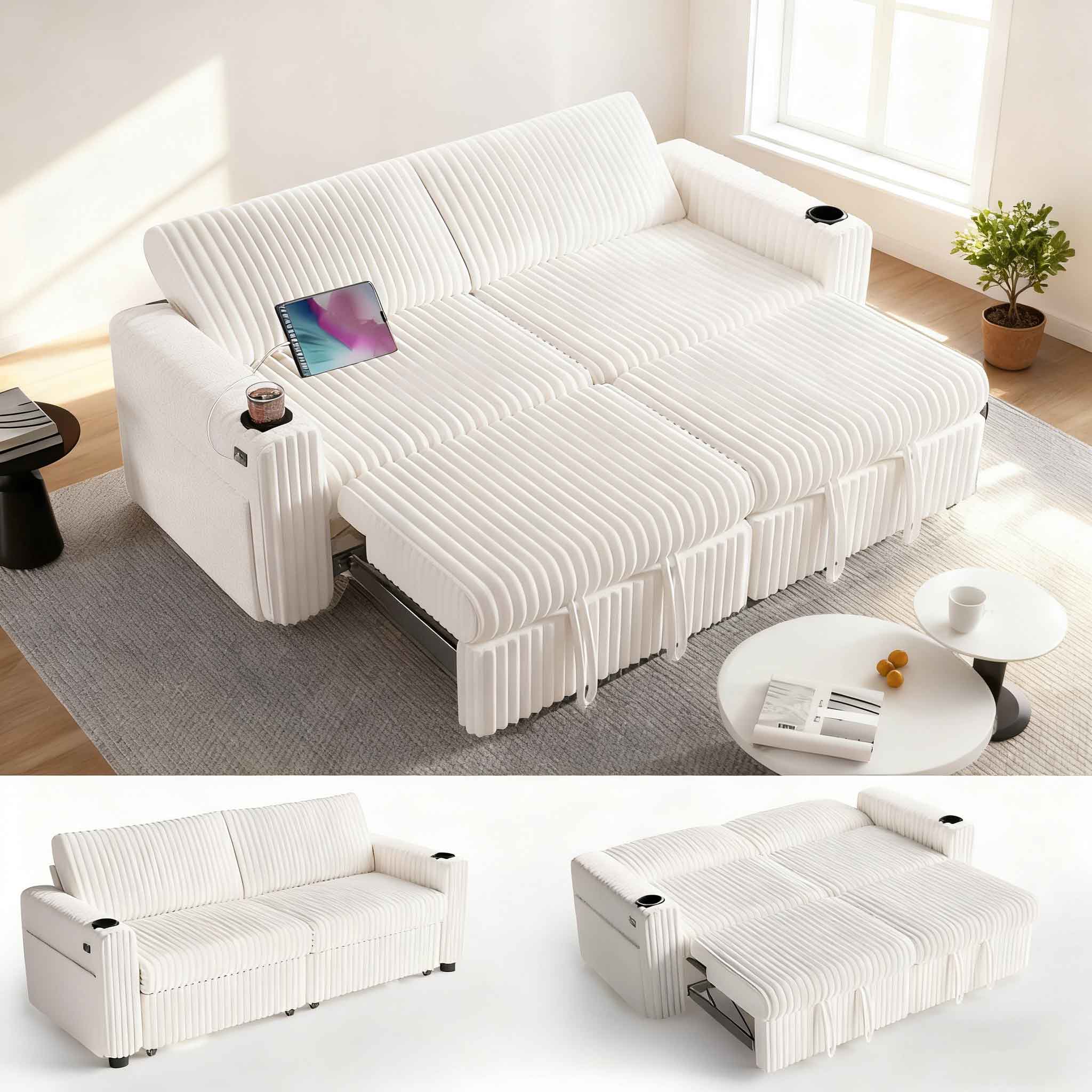 Dyonery - 91"Sleeper Sofa, Pull-out bed with reclining backrest, USB ports, cup holders. Tool-free assembly, Beige - Beige