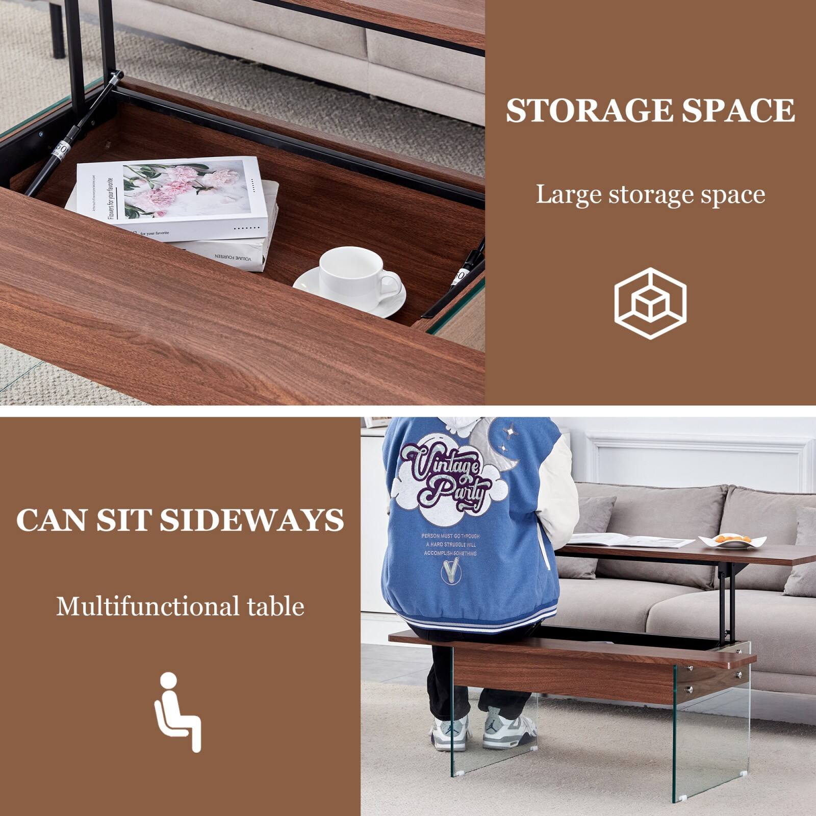 STORAGE SPACE  
Large storage space  

CAN SIT SIDEWAYS  
Multifunctional table