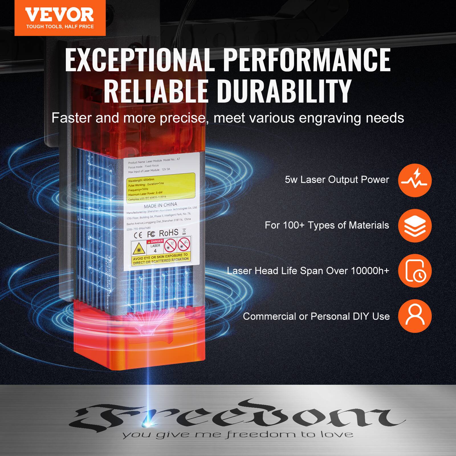VEVOR  
TOUGH TOOLS, HALF PRICE  

EXCEPTIONAL PERFORMANCE  
RELIABLE DURABILITY  

Faster and more precise, meet various engraving needs  

5w Laser Output Power  
For 100+ Types of Materials  
Laser Head Life Span Over 10000h+  
Commercial or Personal DIY Use  

MADE IN CHINA  

you give me freedom to love