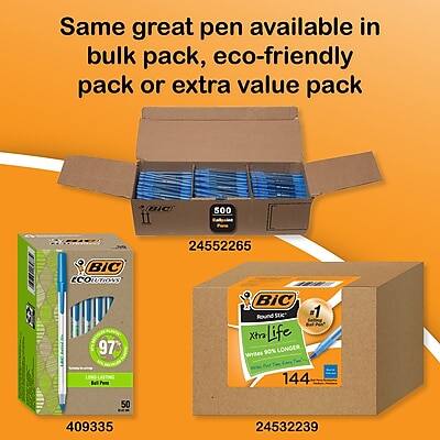 Same great pen available in bulk pack, eco-friendly pack or extra value pack

- BIC Round Stic #1 Xtra Life 90% Longer Writes
  - 500 pens
  - SKU: 24552265

- BIC Round Stic #1 Xtra Life 90% Longer Writes
  - 144 pens
  - SKU: 24532239

- BIC Round Stic #1 Xtra Life 90% Longer Writes
  - 50 pens
  - SKU: 409335