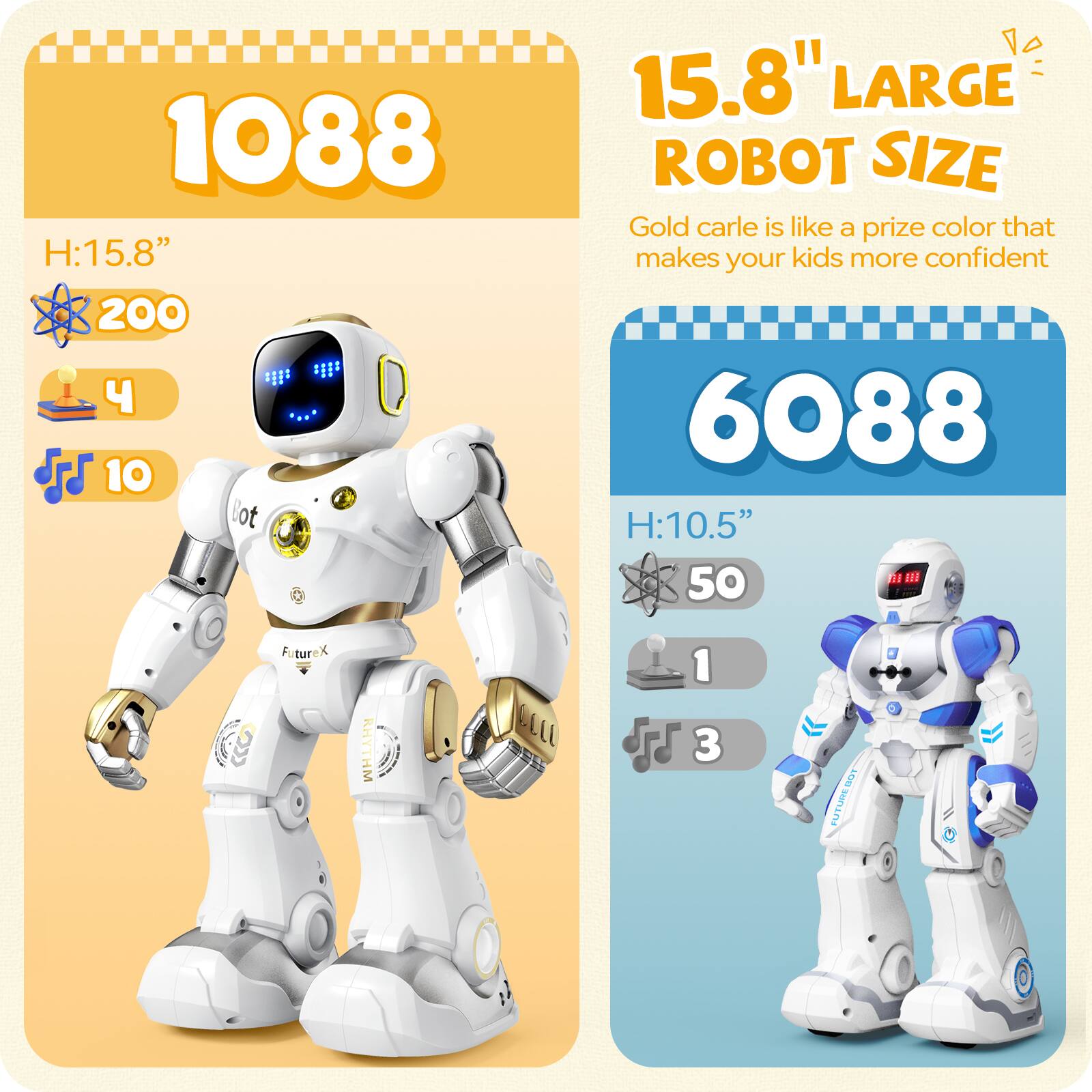 1088  
H:15.8"  
200  
4  
10  

15.8" LARGE ROBOT SIZE  
Gold carle is like a prize color that makes your kids more confident  

6088  
H:10.5"  
50  
1  
3