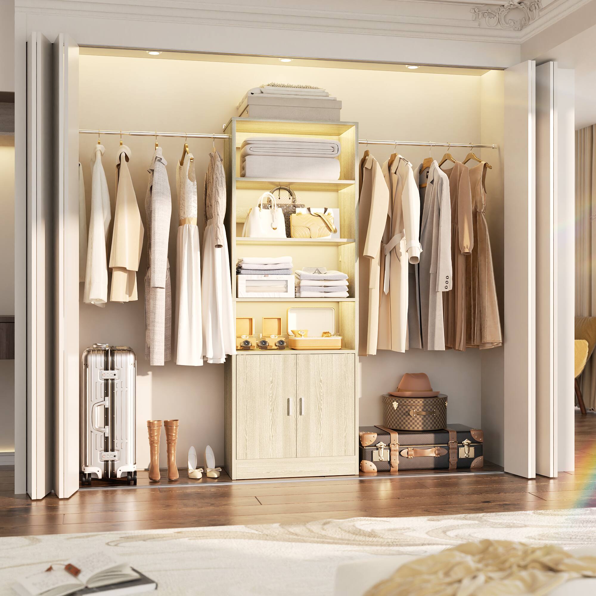 Left. Aheaplus - 8FT Heavy Duty Wall-Mount Closet Organizer System ,Adj Shelves, Hanging Rods & Storage Cabinet - White Oak.