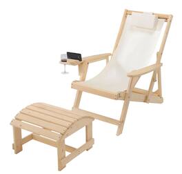Jiallo - Romantic Collection Canvas Sling Chair with Cup and Wine Holder and Ottoman - Natural color with beige fabric