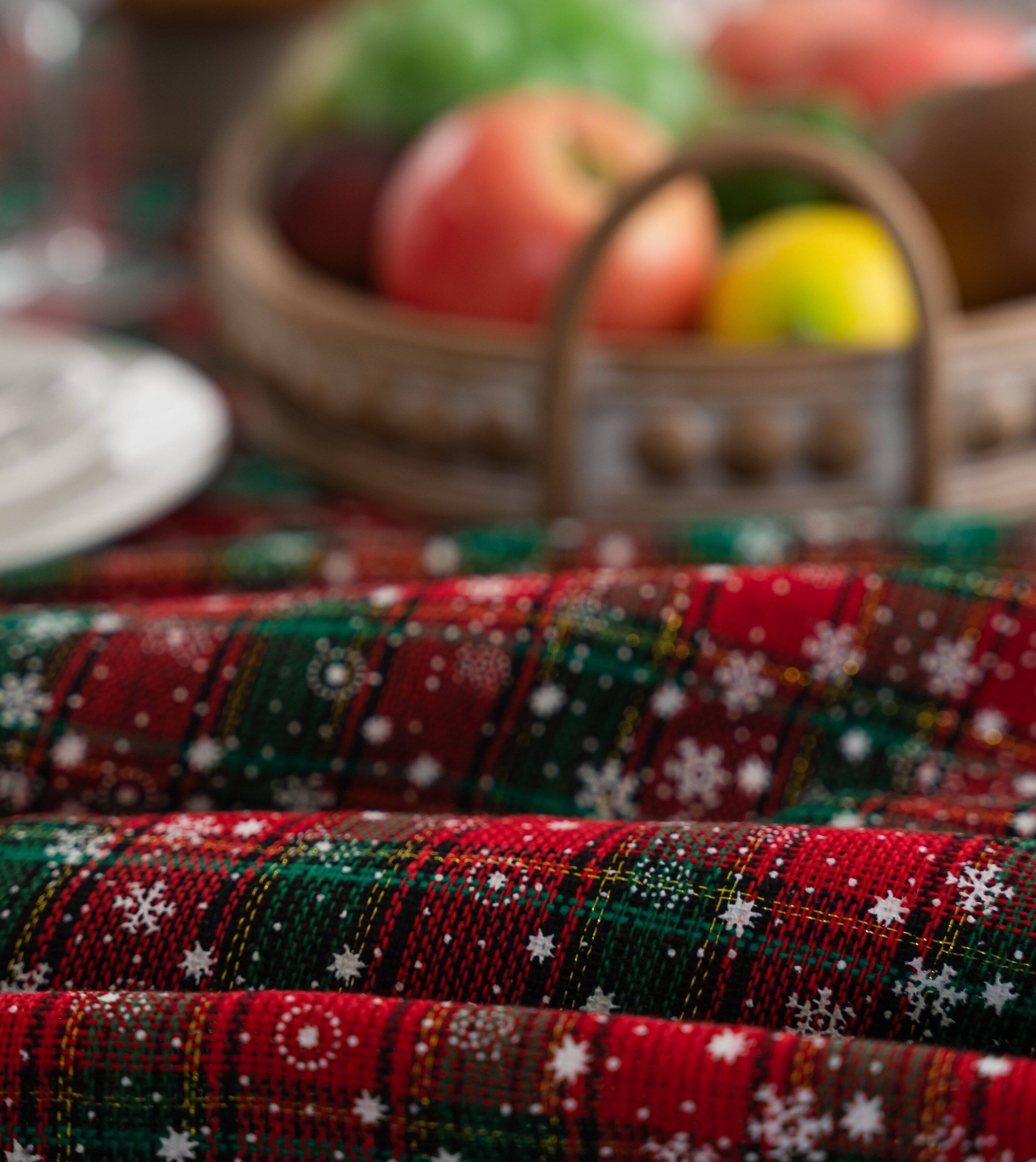 Back. Oumilen - 59x86.6in Rectangle Christmas Red & Green Plaid Tablecloth with White Pom Pom Fringe – Winter Snowflake for Xmas Decor - Multicolor.