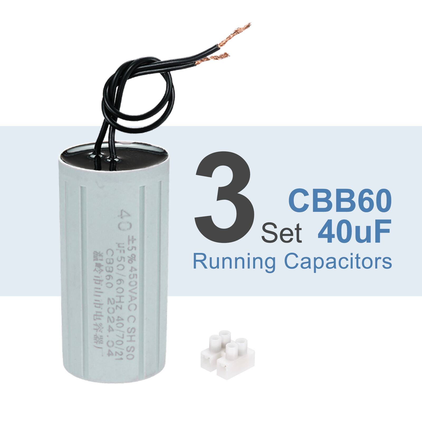 3 CBB60 Set 40uF Running Capacitors  
40/70/21 CSHSO  
CBB60 40uF  
5% 450VAC 50/60Hz  
04 2024