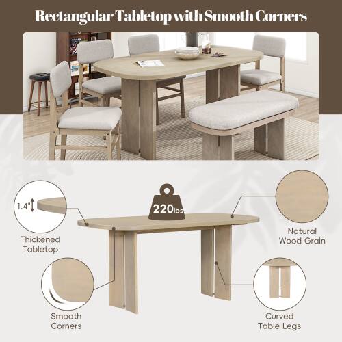 Rectangular Tabletop with Smooth Corners

1.4" Thickened Tabletop
220lbs
Natural Wood Grain
Smooth Corners
Curved Table Legs