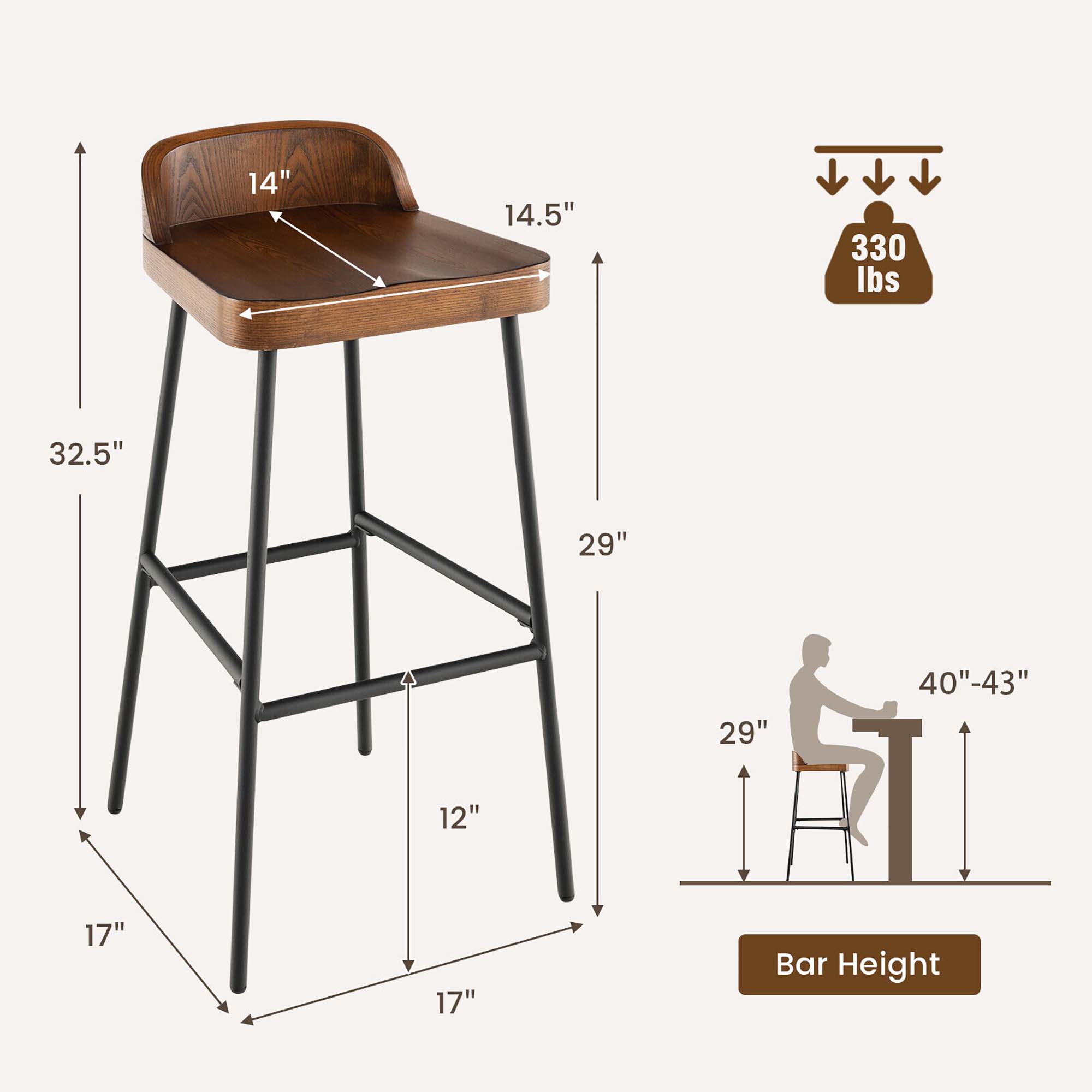 - Seat Height: 14"
- Seat Depth: 14.5"
- Overall Height: 32.5"
- Back Height: 29"
- Seat Width: 29"
- Base Width: 17" x 17"
- Base Height: 12"
- Bar Height: 40"-43"
- Weight Capacity: 330 lbs