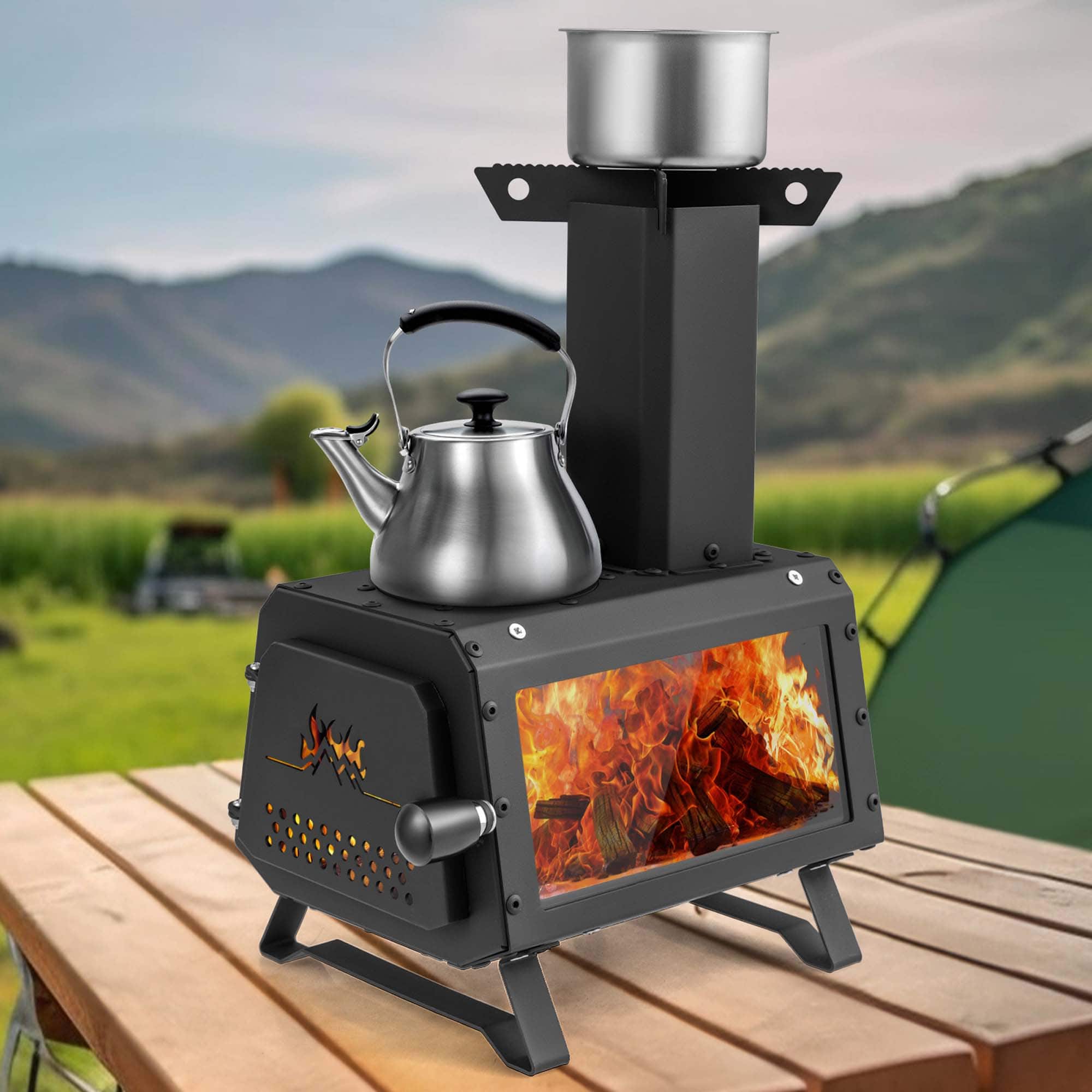 Angle. Costway - Portable Wood Burning Stove Wood Camping Stove Heater with 2 Cooking Positions - Black.