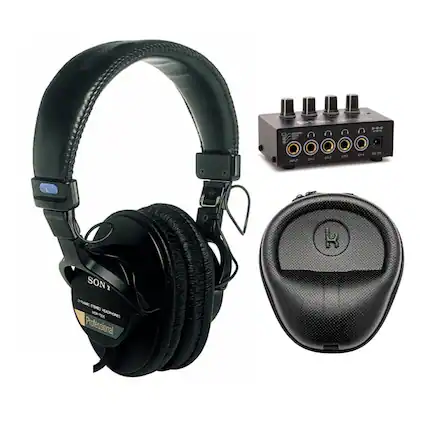 A pair of Sony Professional headphones, model MDR-7506, with a matching carrying case and an audio interface.