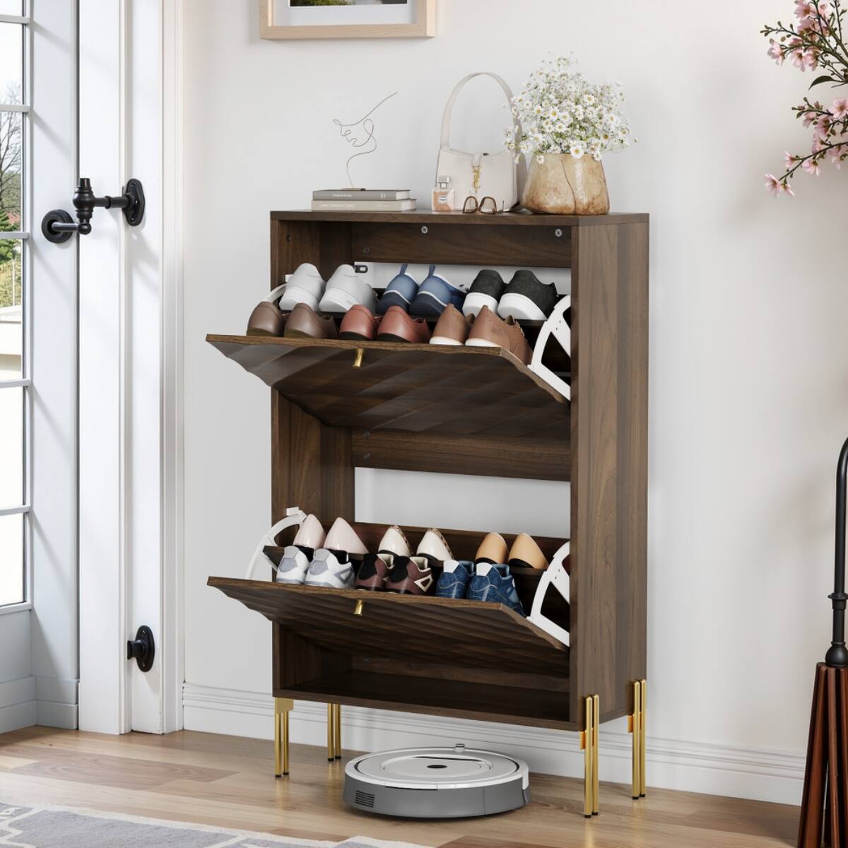 Back. HTUTWOO - 23.6 Inch Shoe Cabinet - Freestanding Organizer with Anti-Tipping Device for Entryway, Hallway, and Small Spaces - Brown.