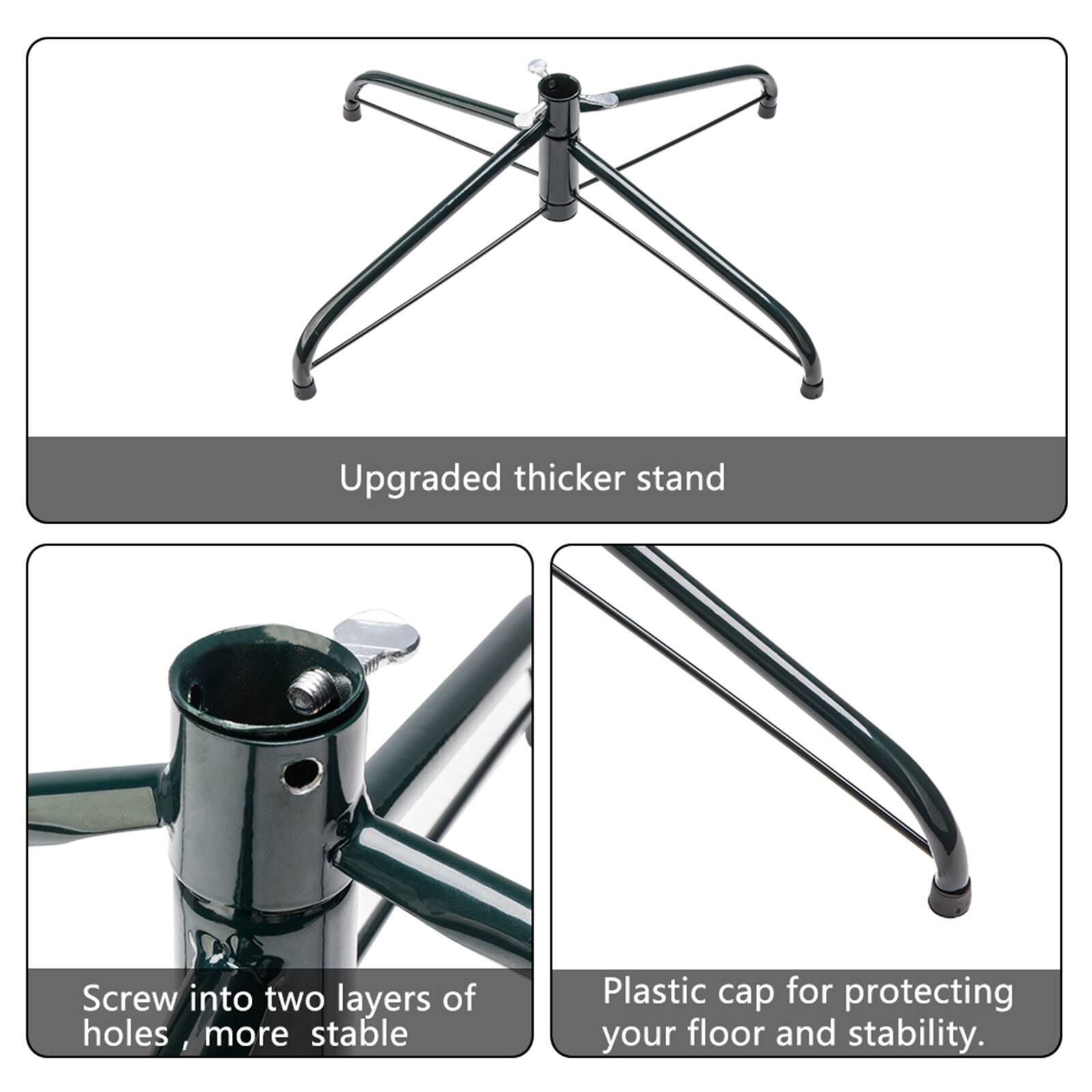 Upgraded thicker stand

Screw into two layers of holes, more stable

Plastic cap for protecting your floor and stability.