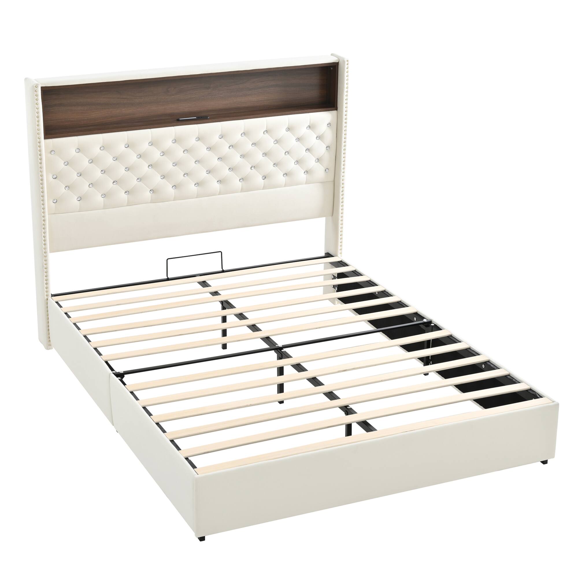 Alt View 8. GOODSILO - Luxurious Queen Size Velvet Tufted Bed Frame with USB Port and Night Light, High Headboard Platform Bed - Beige.