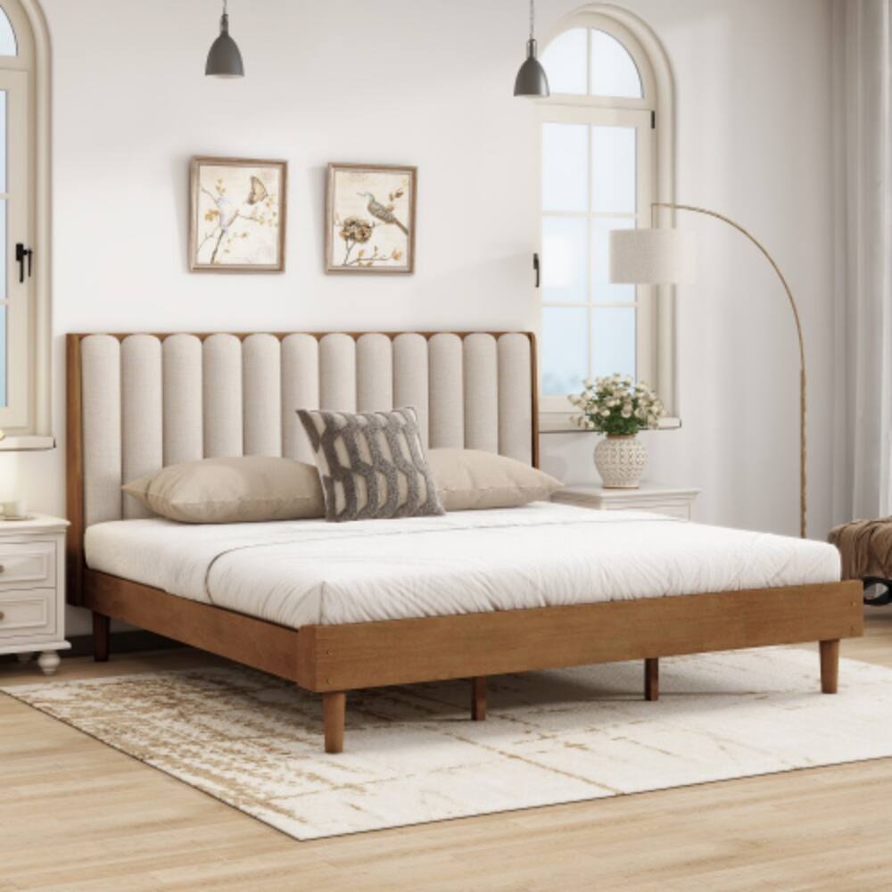 Angle. LUCKY ONE - King Size Wood Bed with Piano Key Style Upholstered Headboard, Strengthened Frame, Wood Slats, No Box Spring Needed - Wheat.
