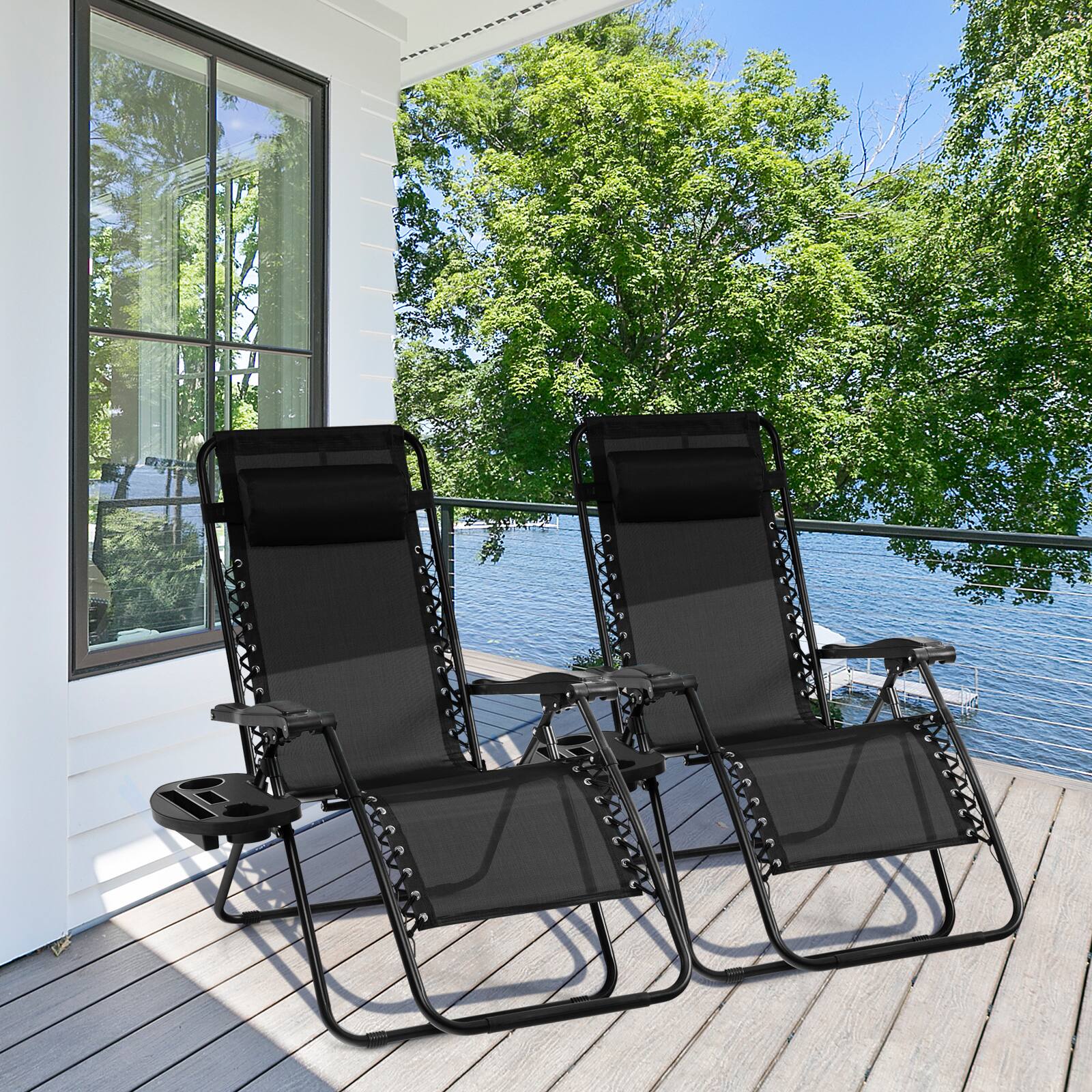Alt View 1. Costway - Costway 2 PCS Zero Gravity Chairs Lounge Patio Folding Recliner Outdoor with Cup Holder - Black.
