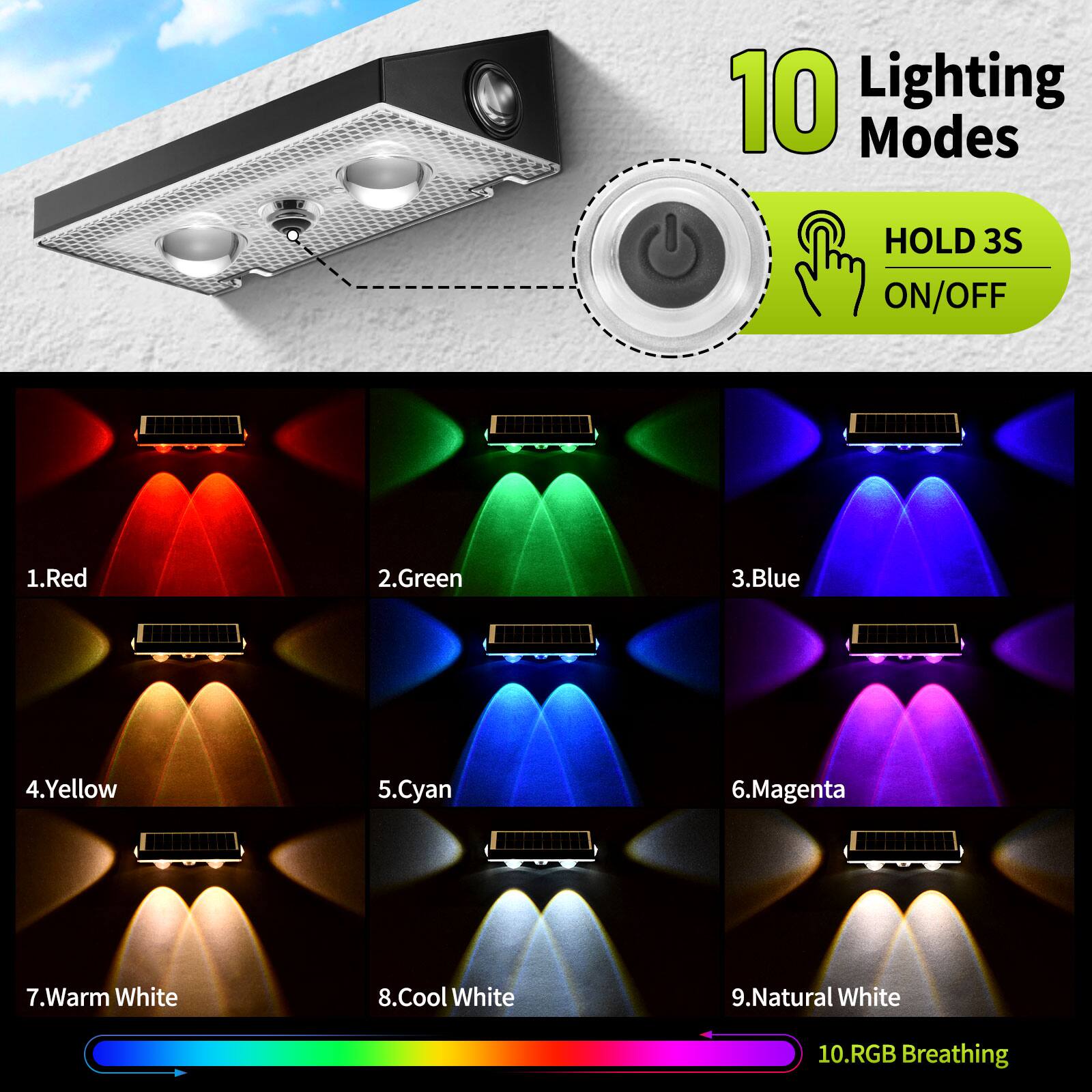10 Lighting Modes  
HOLD 3S ON/OFF  
1. Red  
2. Green  
3. Blue  
4. Yellow  
5. Cyan  
6. Magenta  
7. Warm White  
8. Cool White  
9. Natural White  
10. RGB Breathing