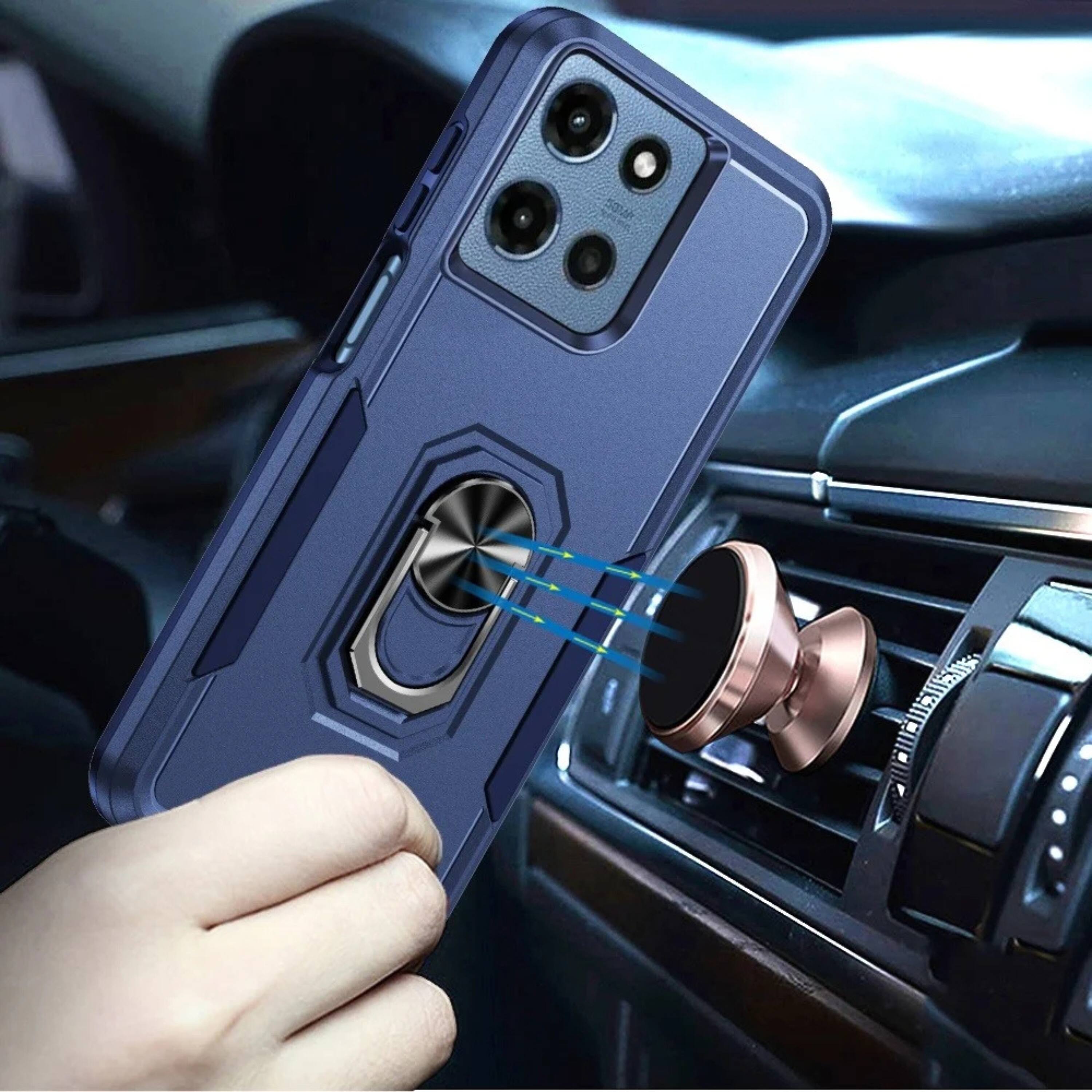 Angle. Kitcheniva - Hard Outer Shell Soft Inner Rubber Phone Case With Metal Ring Stand Tempered Glass For Moto G 2025/2026/G Play 2026 Blue - Blue.