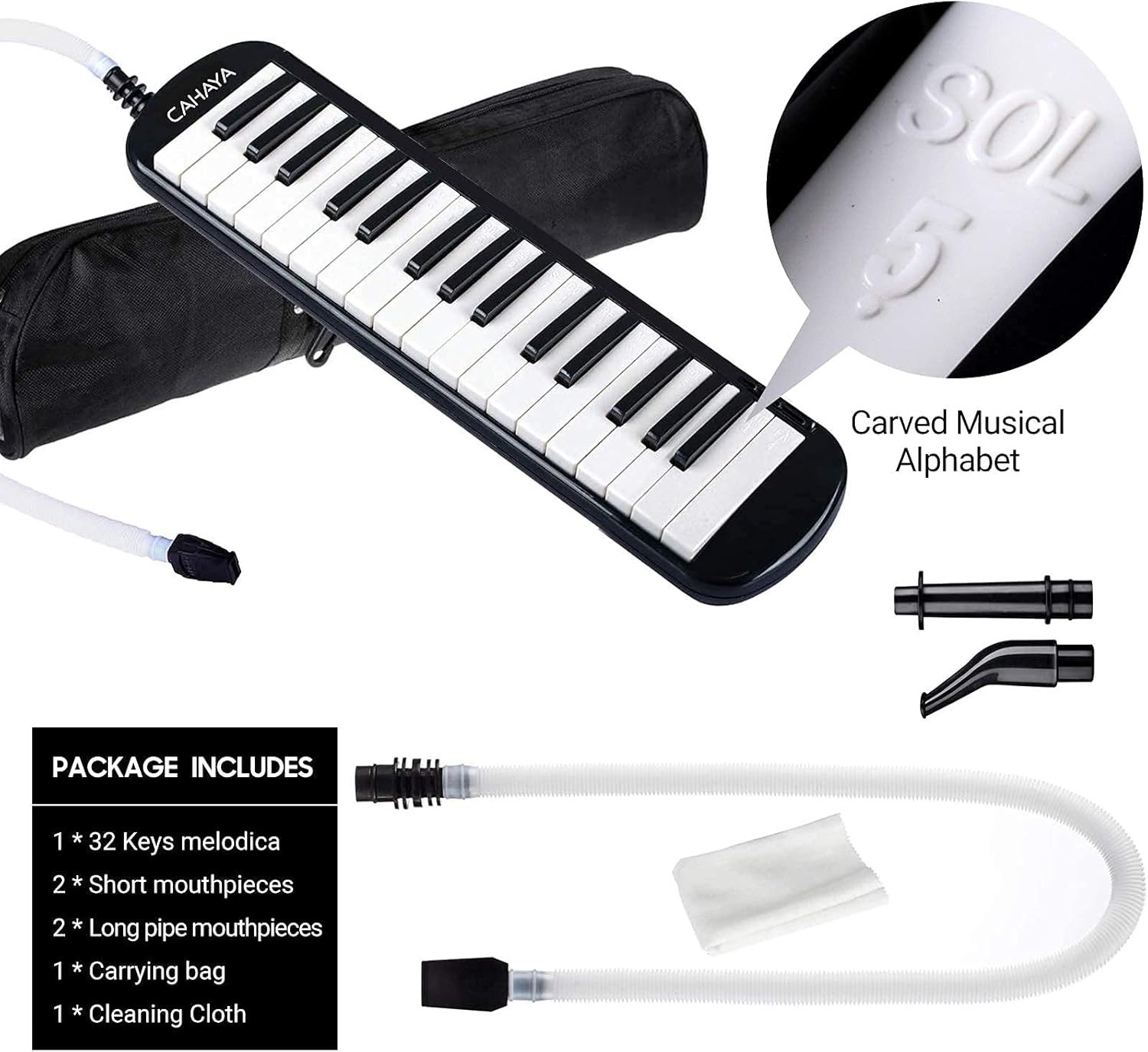 CAHAYA SOL 5 Carved Musical Alphabet

PACKAGE INCLUDES
1 * 32 Keys melodica
2 * Short mouthpieces
2 * Long pipe mouthpieces
1 * Carrying bag
1 * Cleaning Cloth
