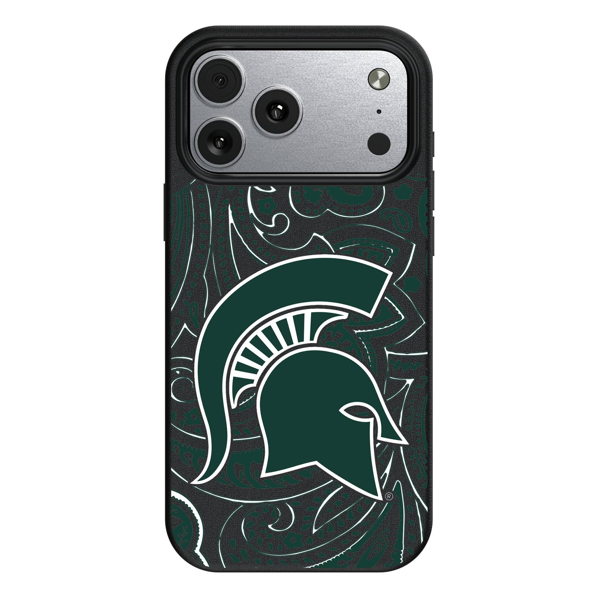 Front. Keyscaper - Michigan State Spartans Paisley iPhone Magnetic Bump Case - 16 Pro Max - Black.
