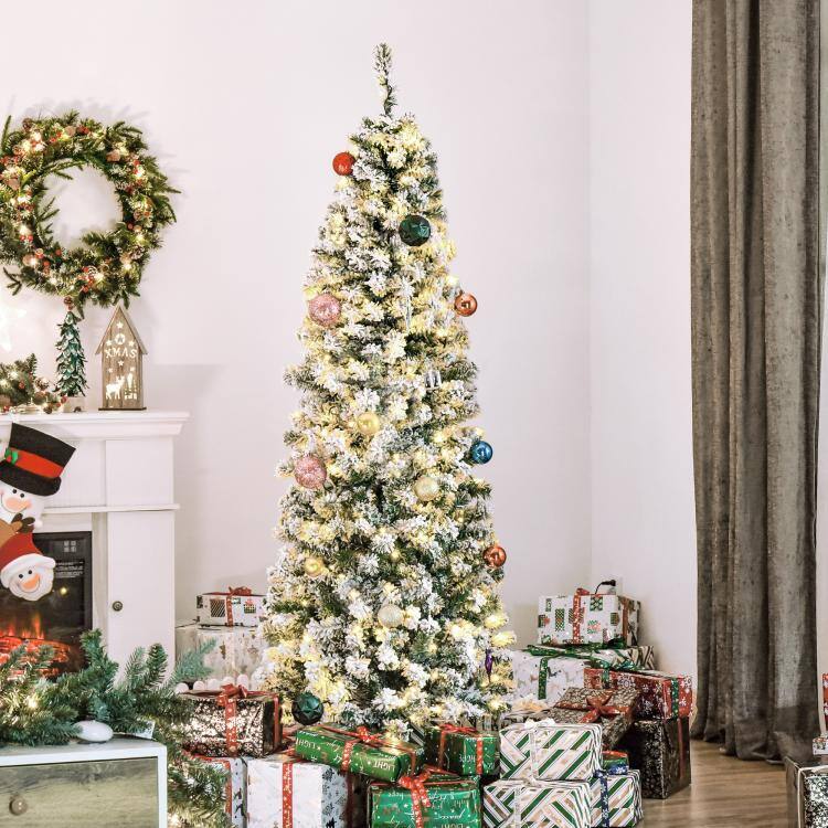 Alt View 2. PULUZ - 6ft Pre-Lit Snow-Flocked Slim Douglas Fir Artificial Christmas Tree with Realistic Branches, 250 LED Lights and 462 Tips - Green.