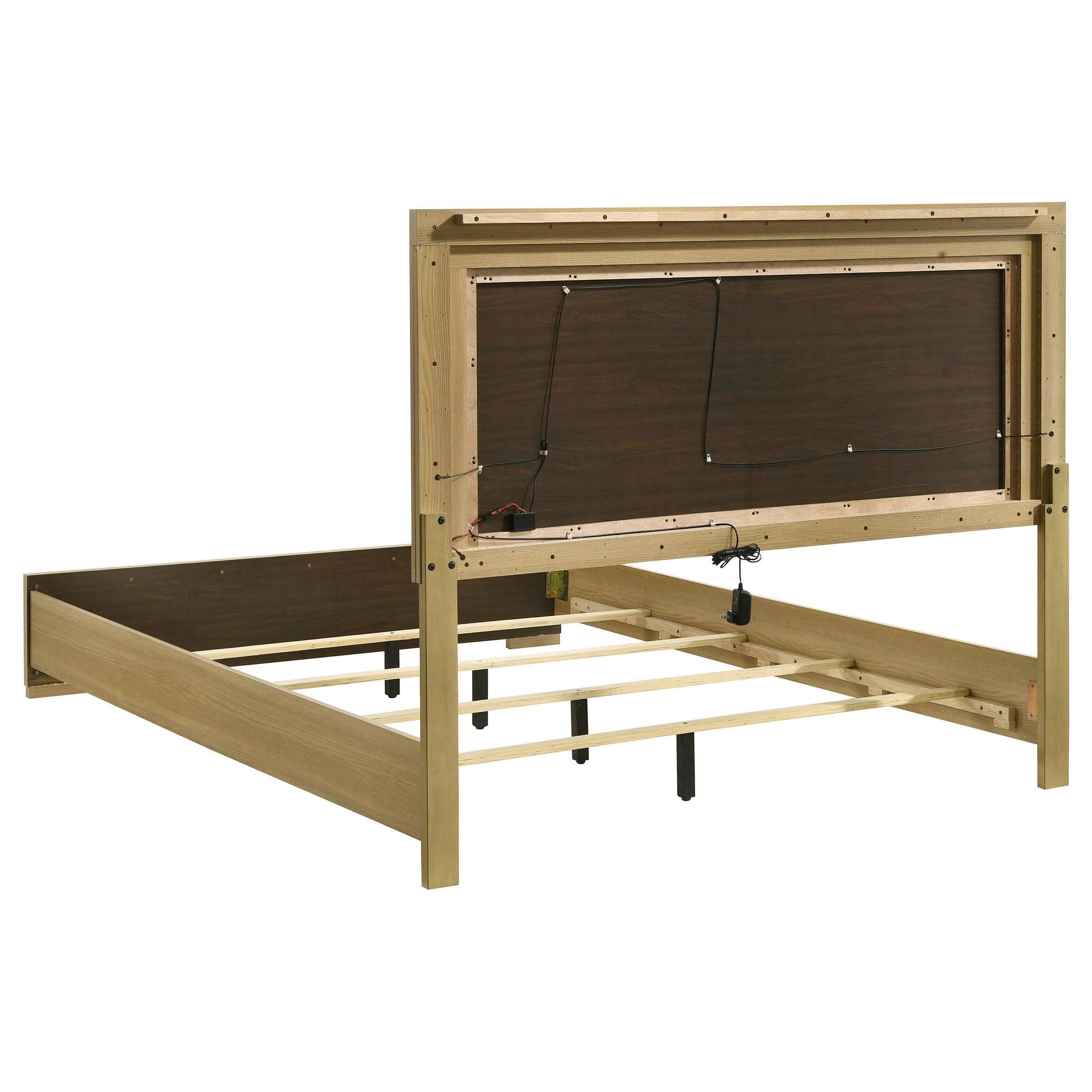 Alt View 2. Manhattan Lane - Hyle Queen Size Bed, Natural Brown Hardwood, LED Backlit Headboard - Natural Brown, White.