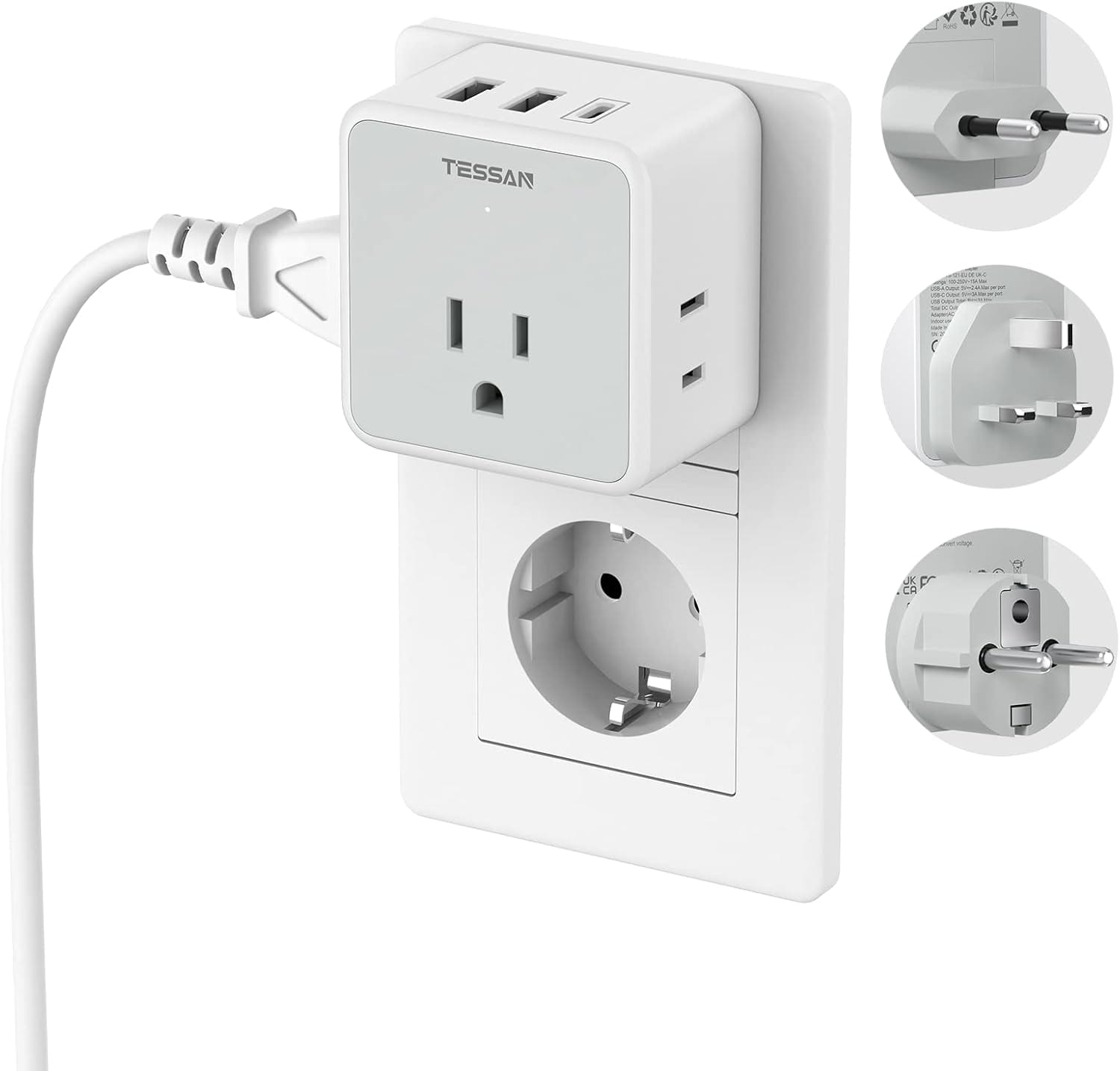 TESSAN - European UK Travel Plug Adapter Kit, Detachable Outlet Extender with 3 AC Outlets and 3 USB Ports (1 USB-C) - Gray,White price history on PriceWatchPro