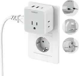 TESSAN - European UK Travel Plug Adapter Kit, Detachable Outlet Extender with 3 AC Outlets and 3 USB Ports (1 USB-C) - Gray,White