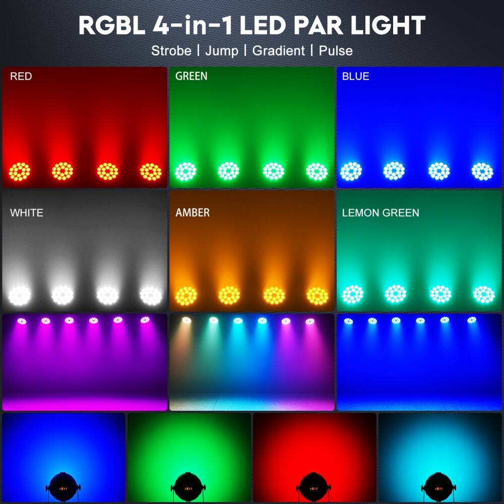 RGBL 4-in-1 LED PAR LIGHT  
Strobe | Jump | Gradient | Pulse  

RED  
GREEN  
BLUE  
WHITE  
AMBER  
LEMON GREEN