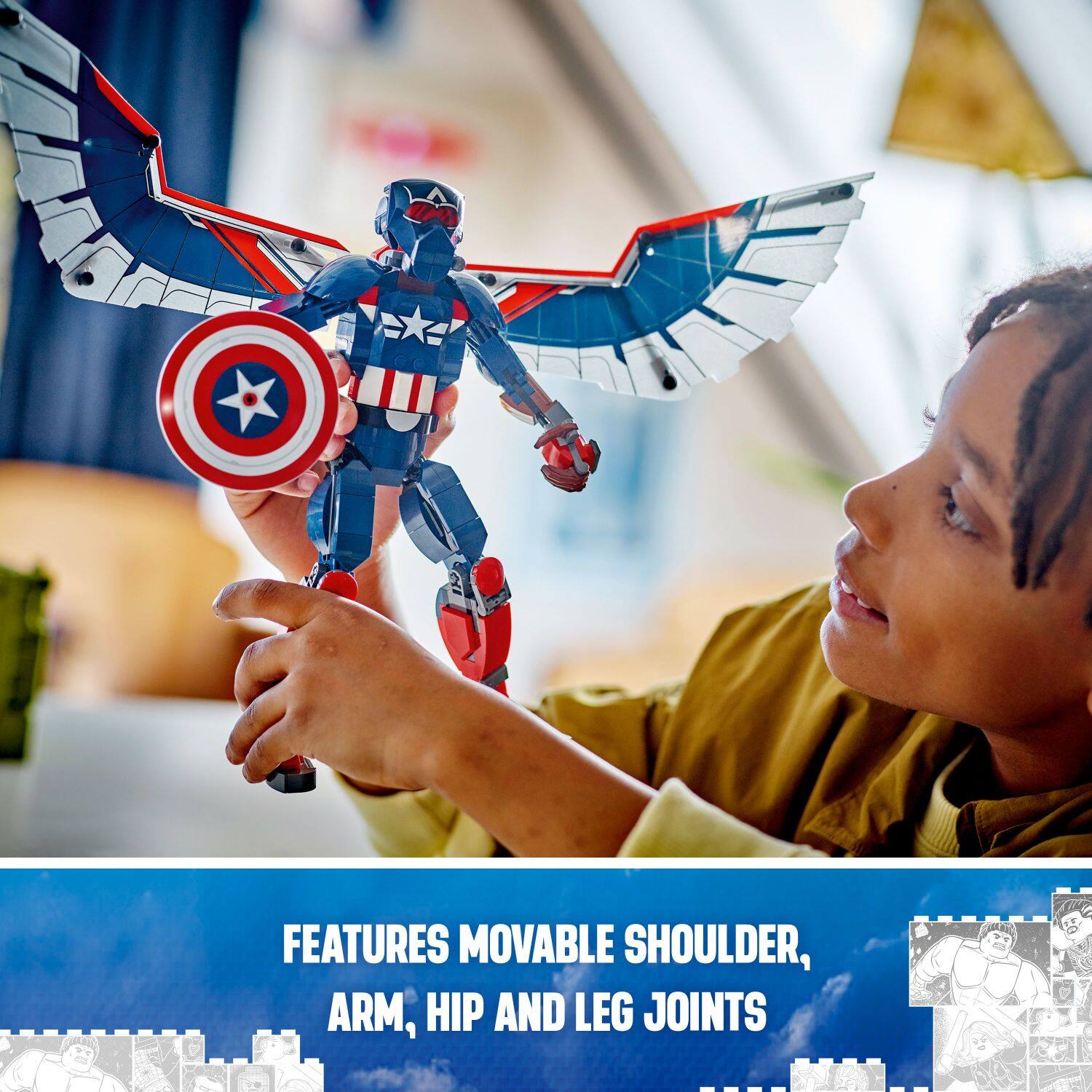 The image shows a young boy holding a toy, specifically a Captain America action figure, which has movable shoulders, arms, hip, and leg joints.