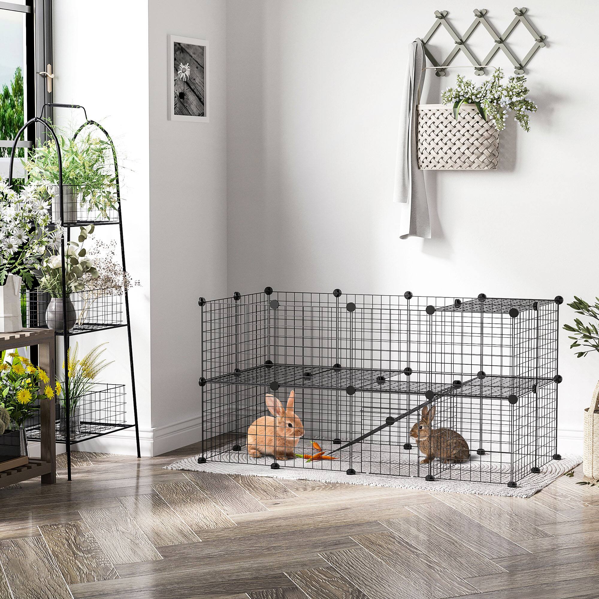 Angle. Pawhut - 36 Panels Small Animal Playpen with Door, DIY C & C Cage for Guinea Pigs with Ramp, Portable Metal Wire Yard.