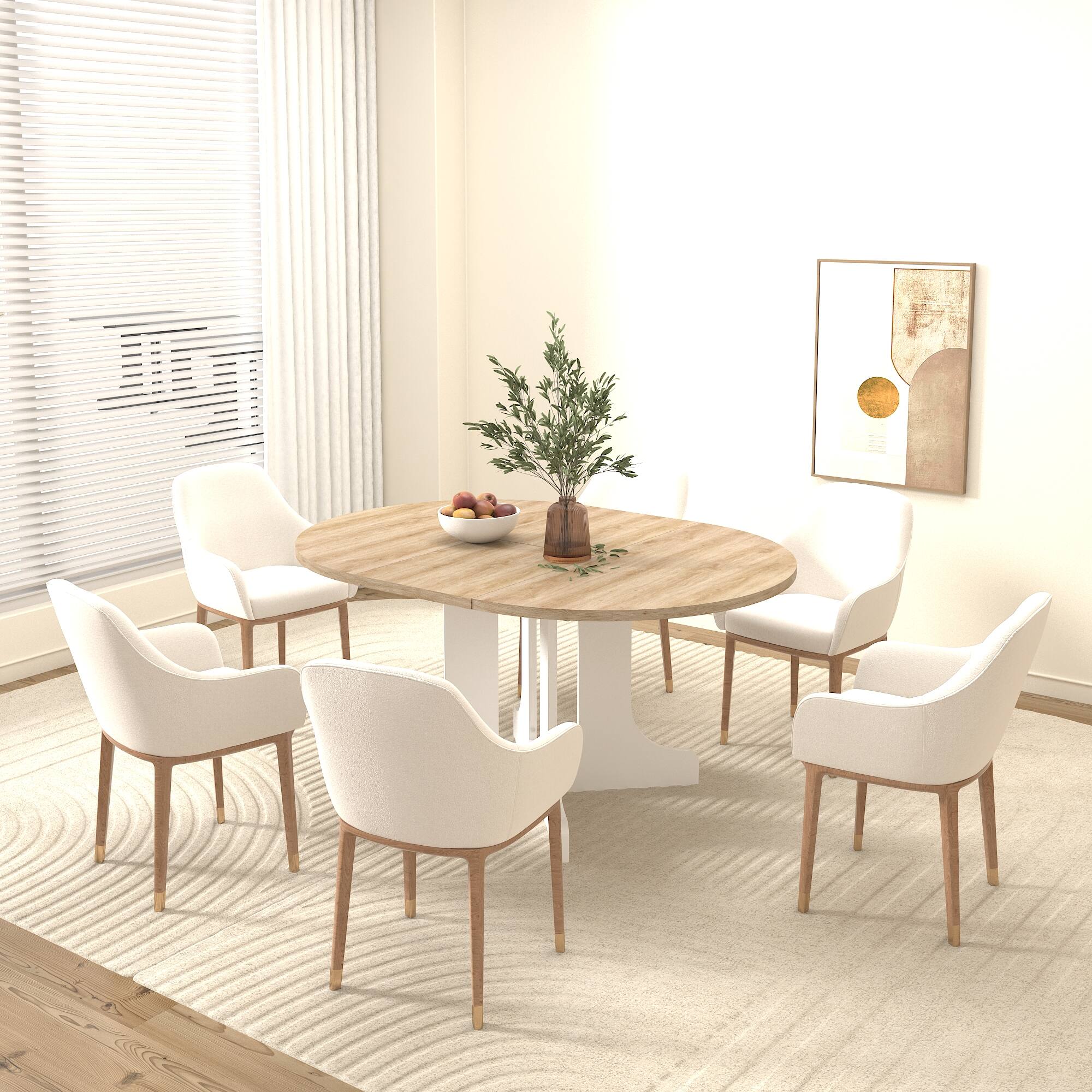 Alt View 1. Tiramisubest - Dining Table for Farmhouse Kitchen 59x43 Inch Expandable Oval Table Top with Removable Leaf Trestle X Shaped Base,White - White Oak.