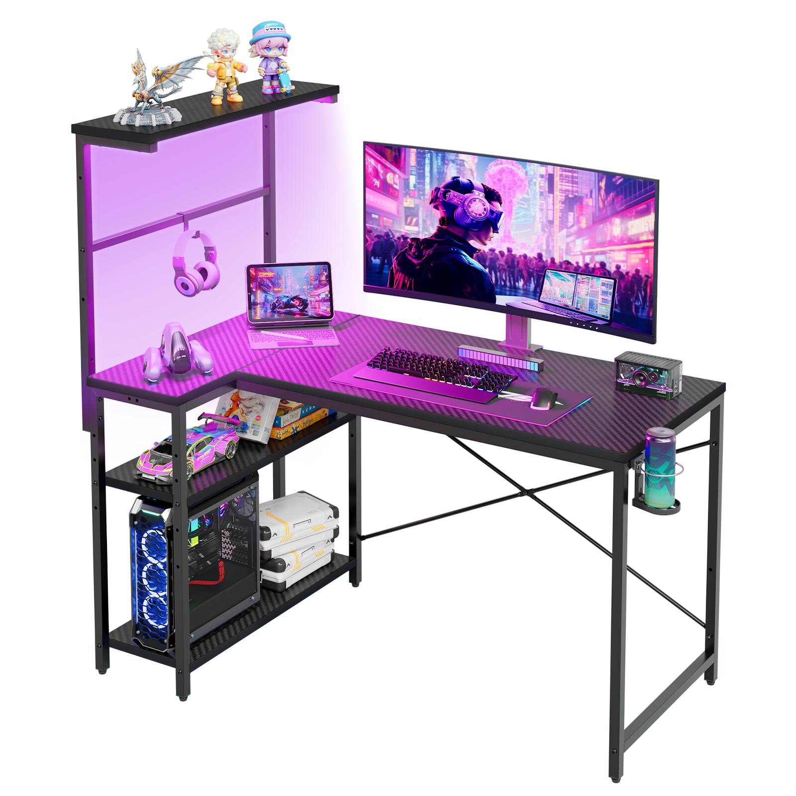 Angle. RSPGAME - 42in Gaming Desk Carbon Fiber Black Corner Desk with 3-Tier Storage Shelf Compact Computer Desk for Small Spaces - Black.